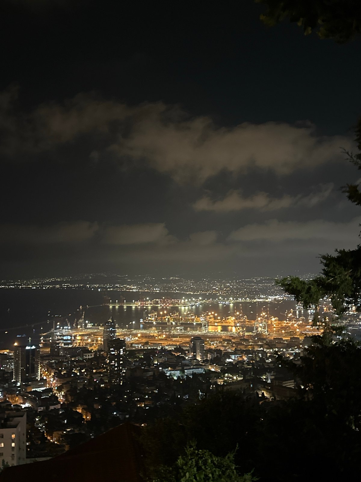 Haifa at night, port and city lights from the hillside