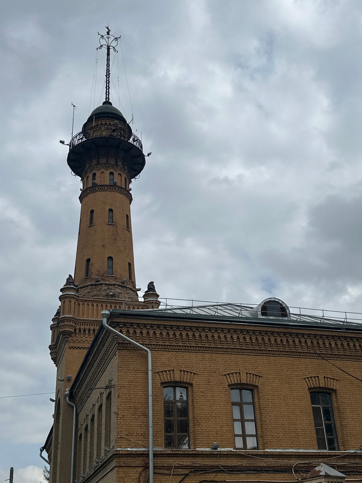 Moscow's historic octagonal fire tower, built in yellow brick