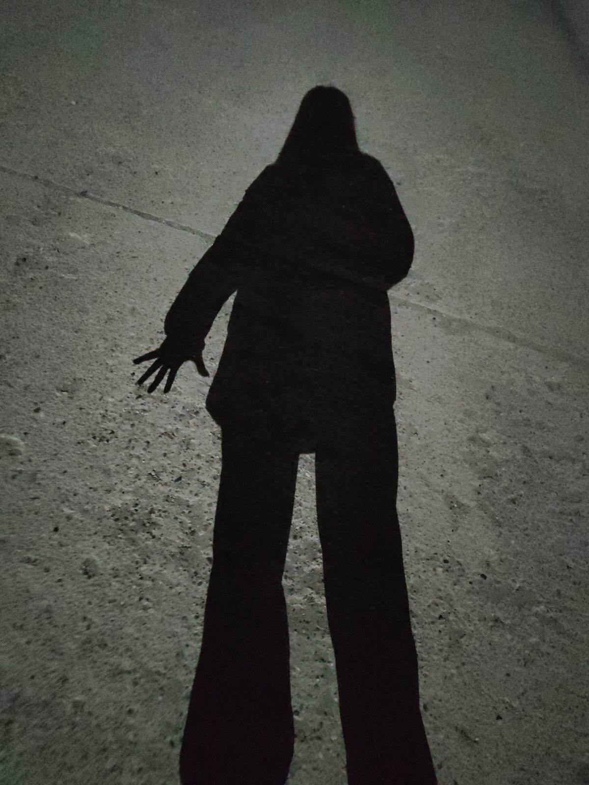 Person's shadow with outstretched hand documented on pavement