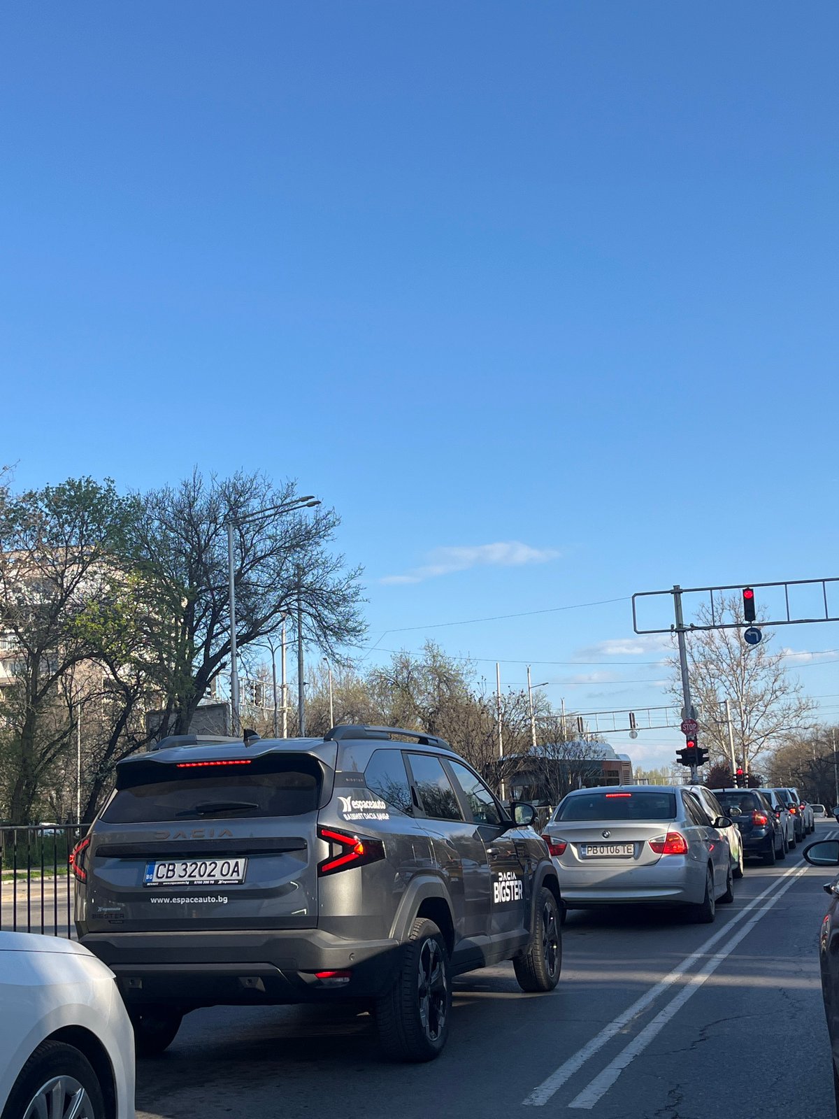 Morning traffic stops at red light in Plovdiv