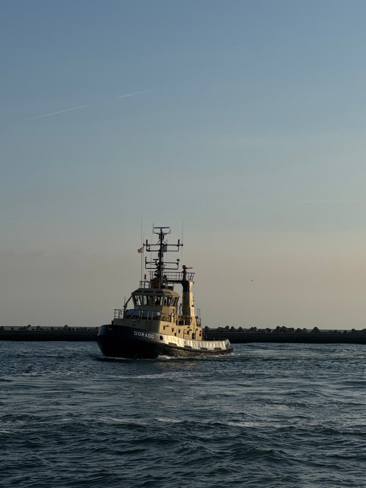 Tugboats and a container ship working the Ravenna port approaches