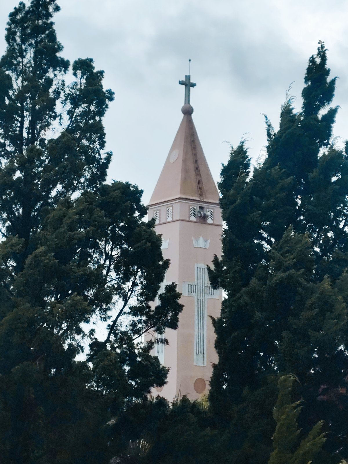 Pink Catholic church and grounds in Lạc Dương, Vietnam