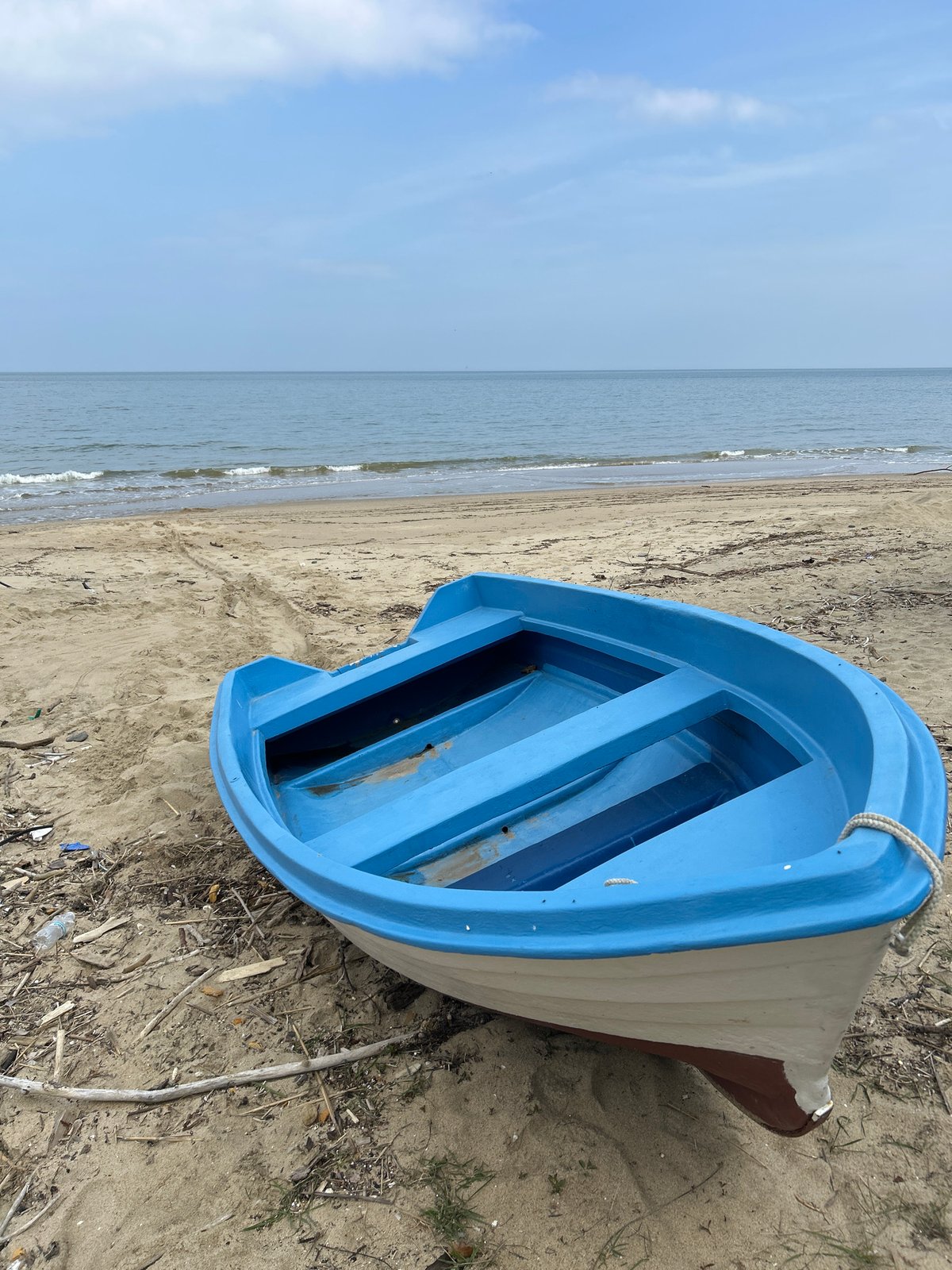 Peaceful beach scene with boat and waves documented