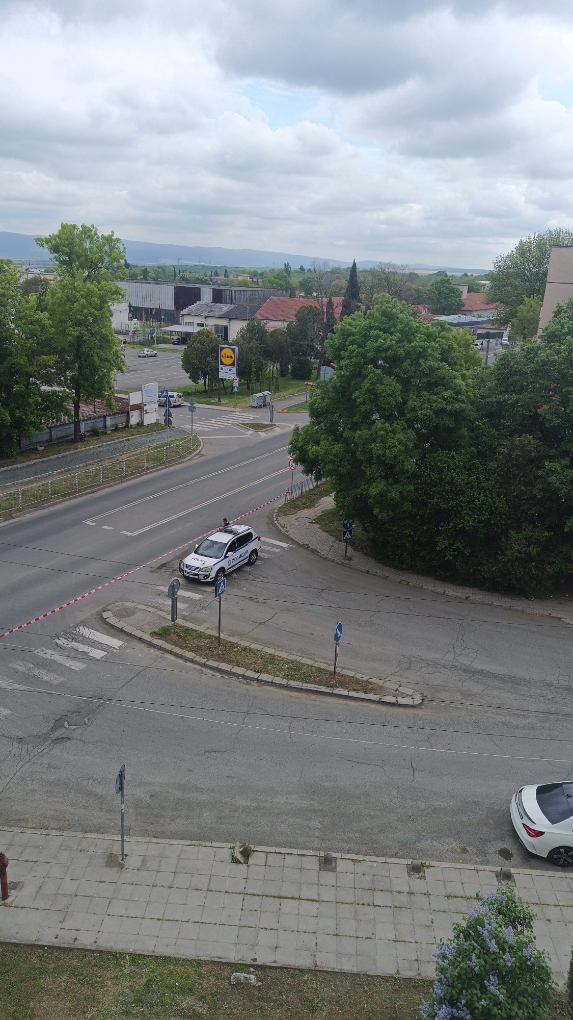 Police cordon intersection in Karnobat, Bulgaria near Lidl supermarket