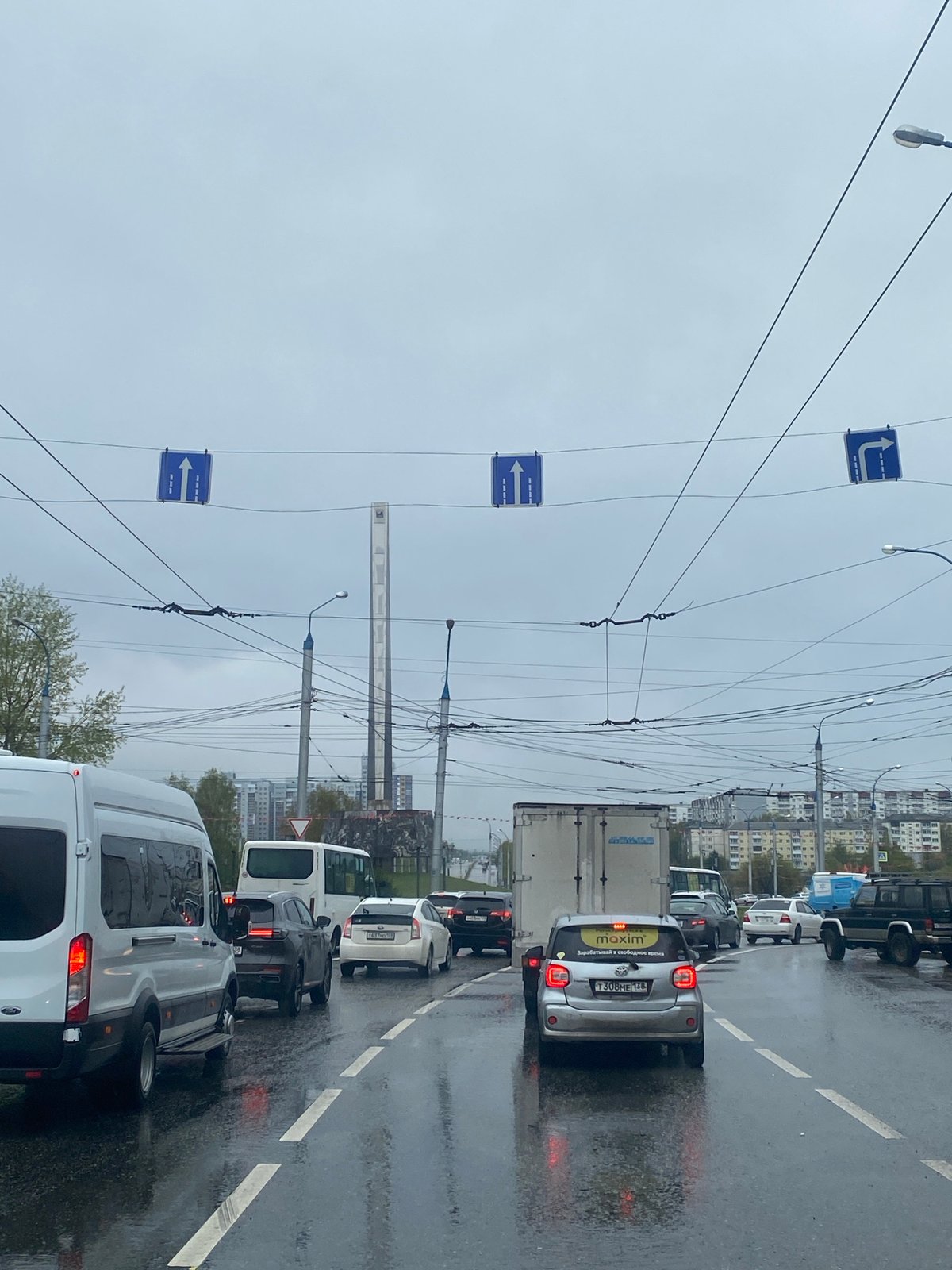 Traffic congestion observed on wet streets in Irkutsk, Russia