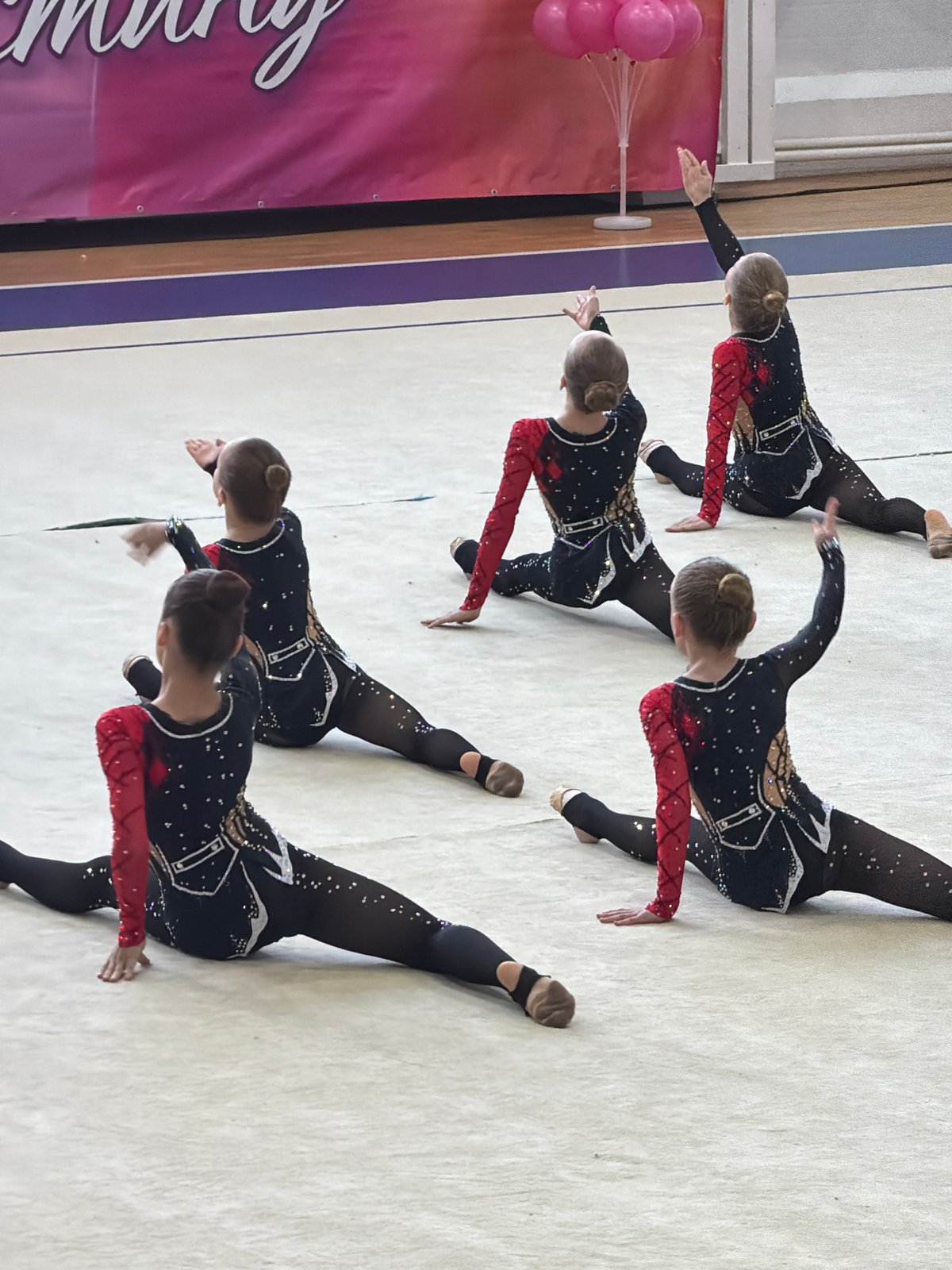 Young gymnasts perform synchronized routine in matching leotards