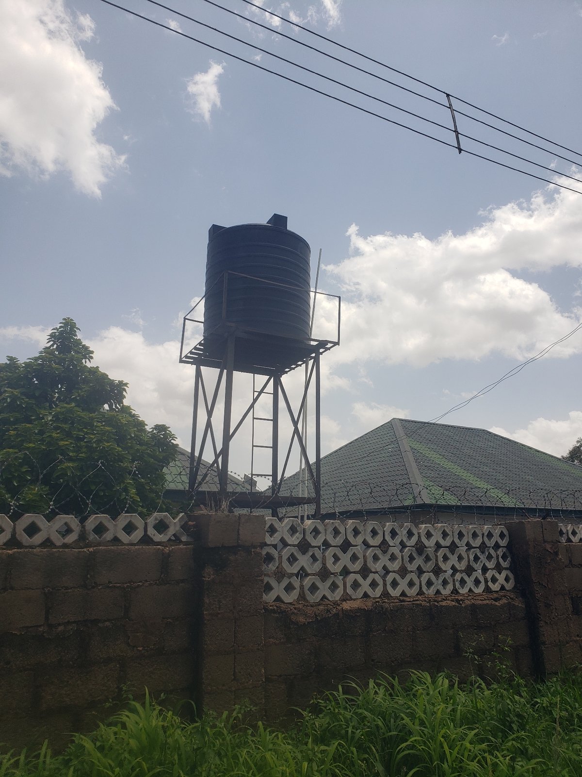 Residential infrastructure: elevated water tank and paved street