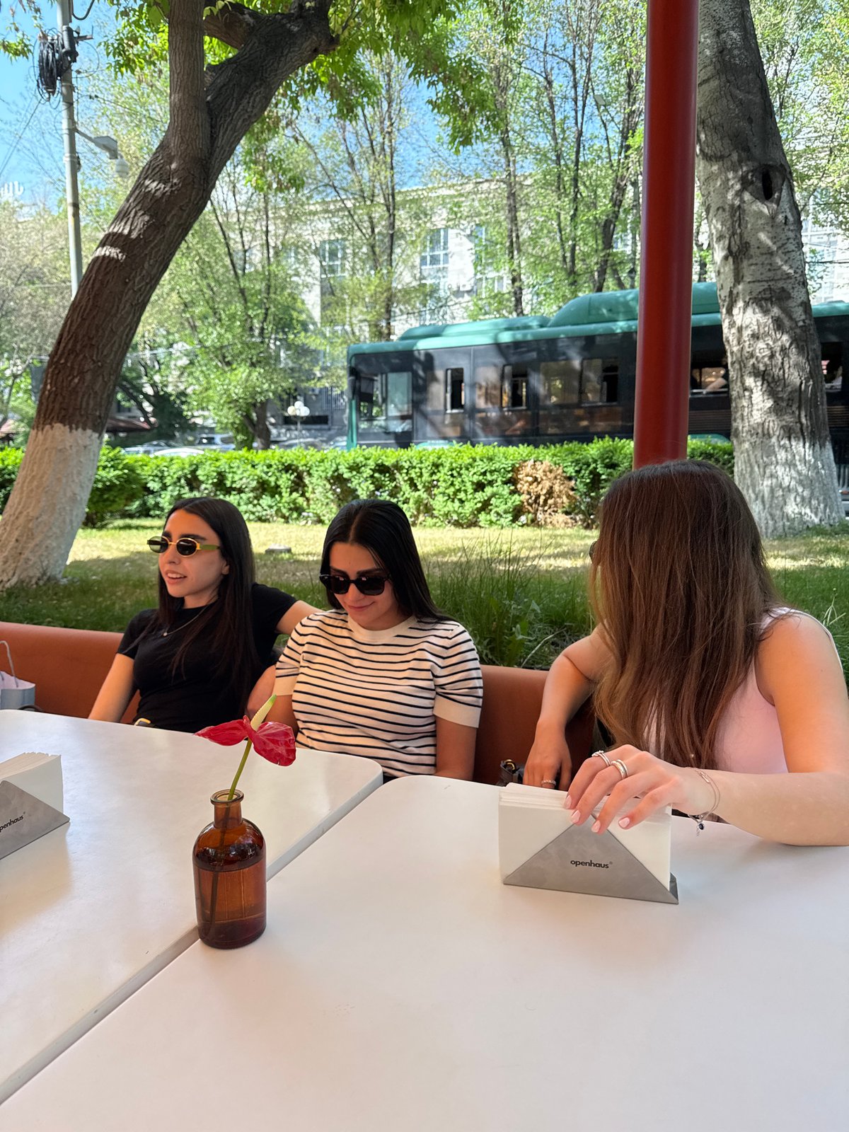 Women share midday meal at flower-decorated Yerevan cafe