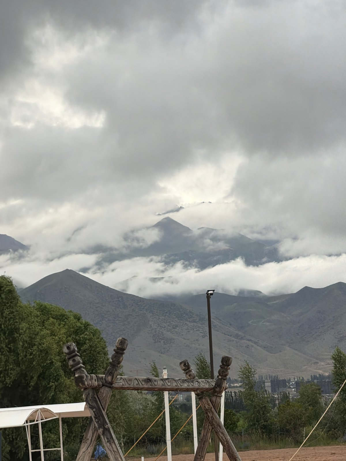 Overcast day at a lakeside resort town in Kyrgyzstan