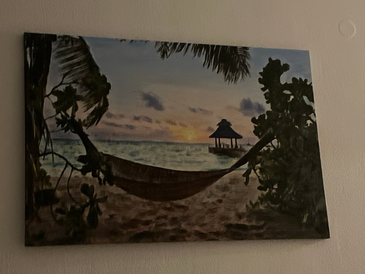 Beach painting featuring hammock and ocean view spotted in Greece