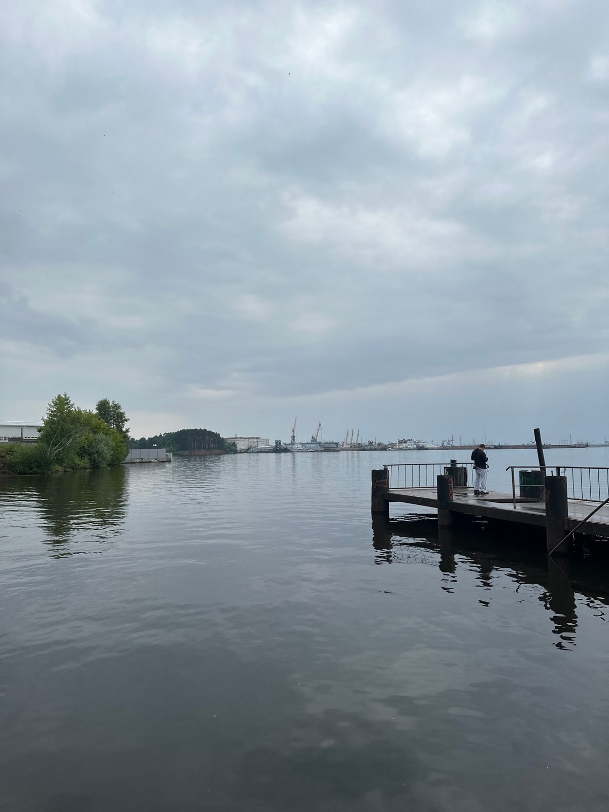 Overcast lakeside afternoon: forest, water, wildlife, and working waterfront