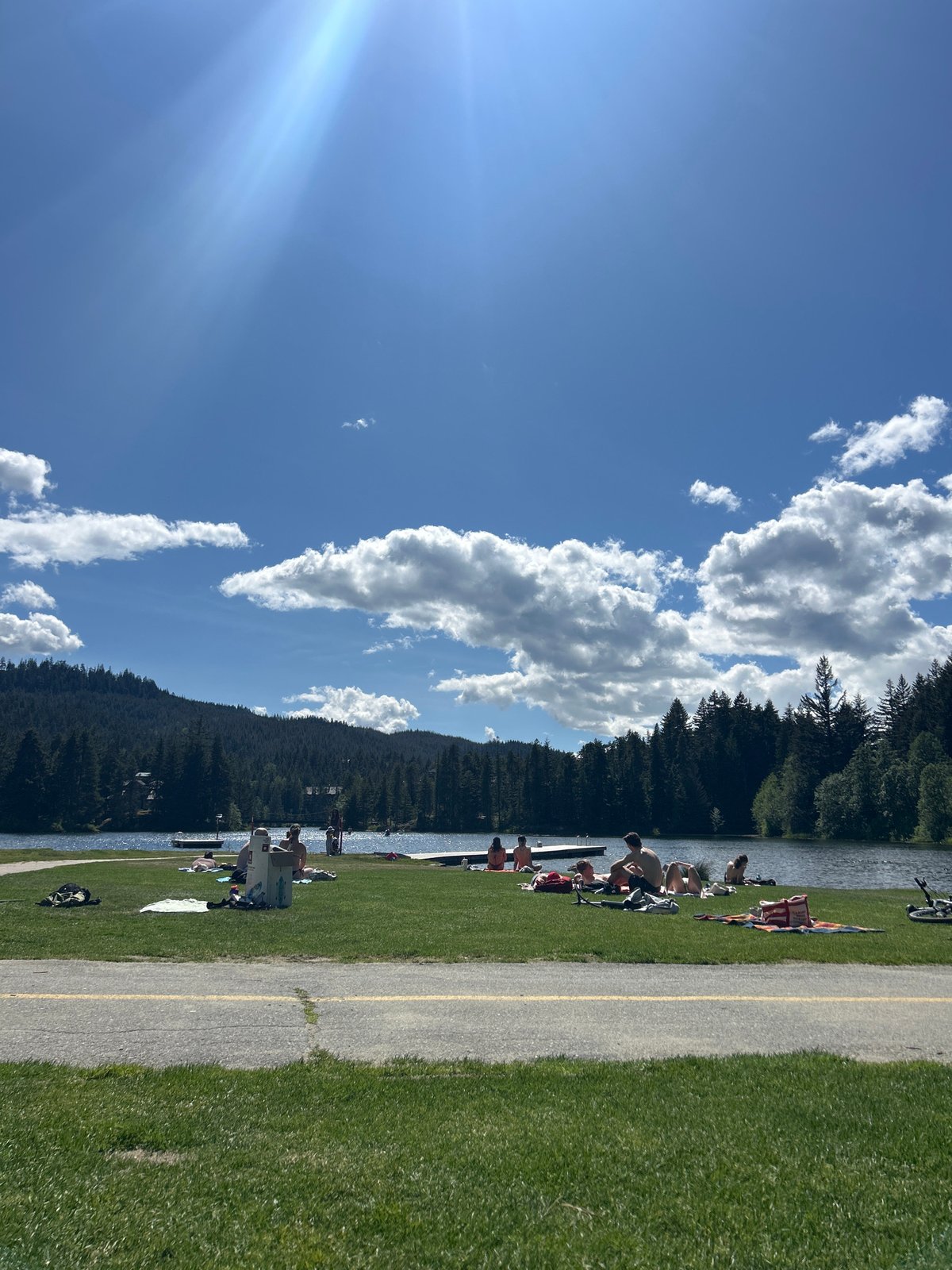Clear evening observed at Whistler lakeside with forest backdrop