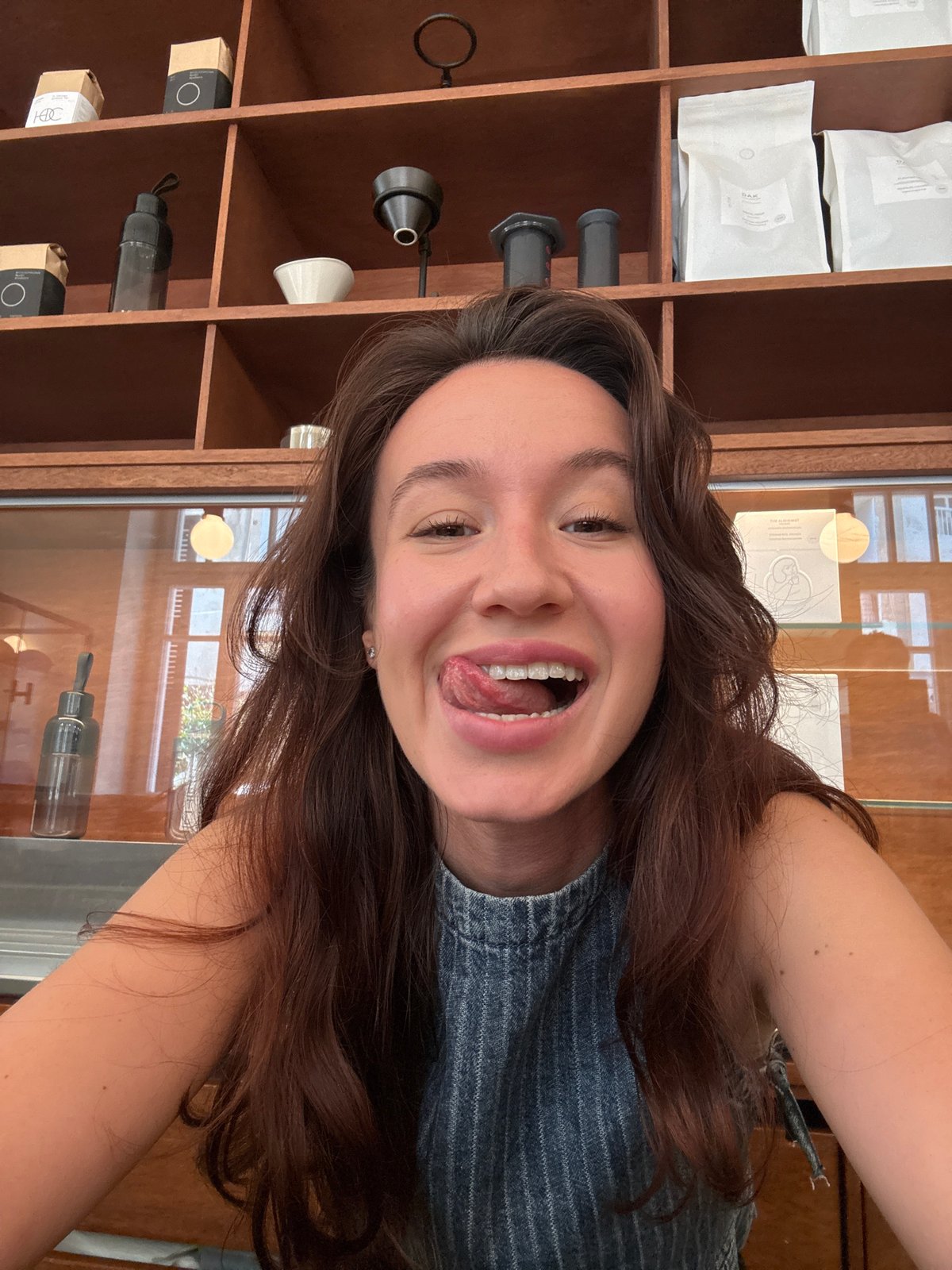 Woman takes playful morning selfies in Tel Aviv