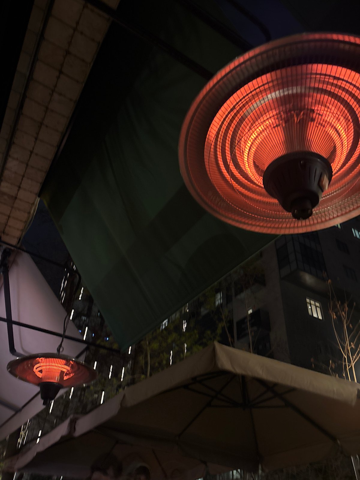 Evening coffee documented at Yerevan cafe with patio heaters