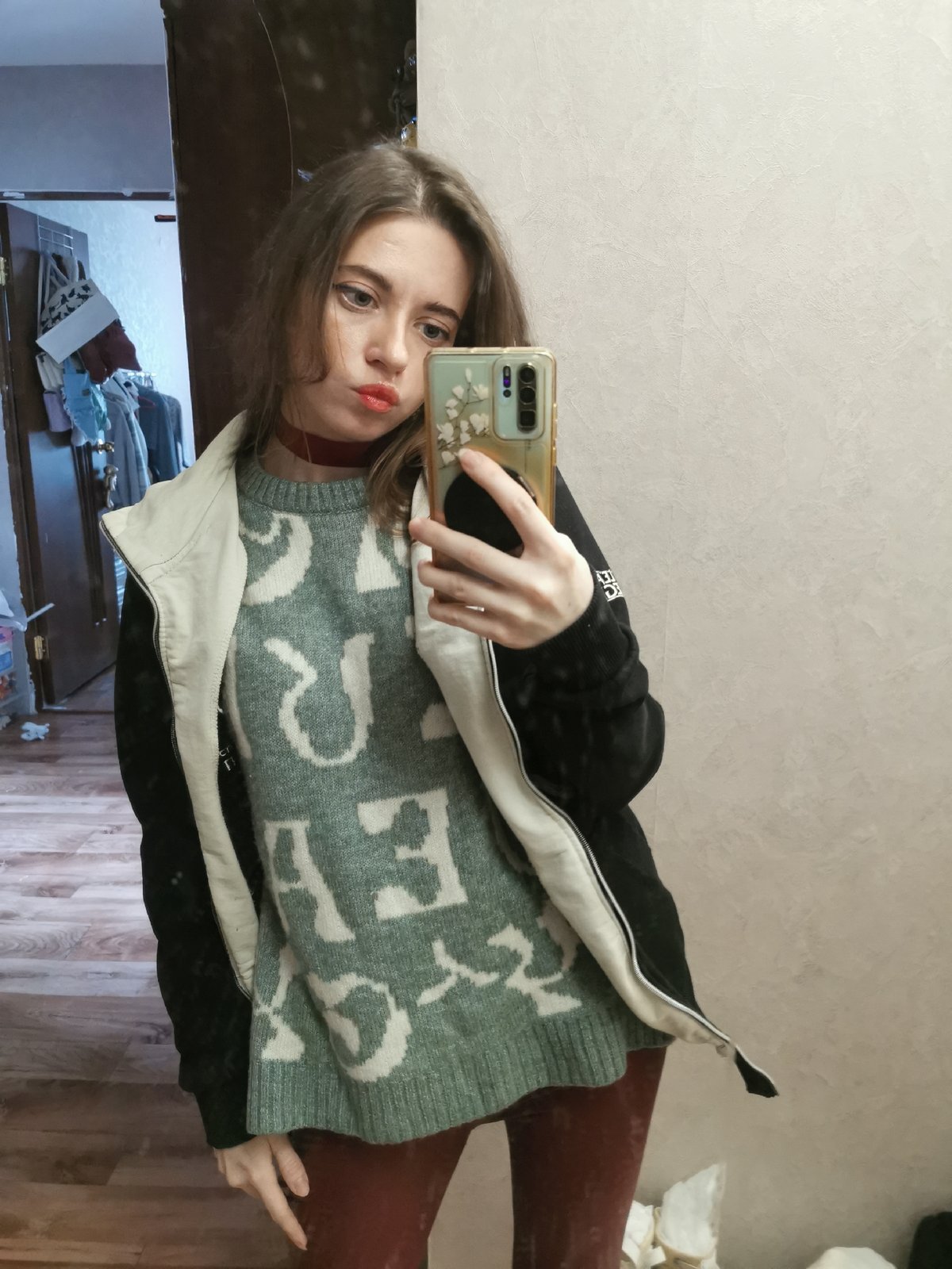 Woman documents morning routine through selfies at multiple locations