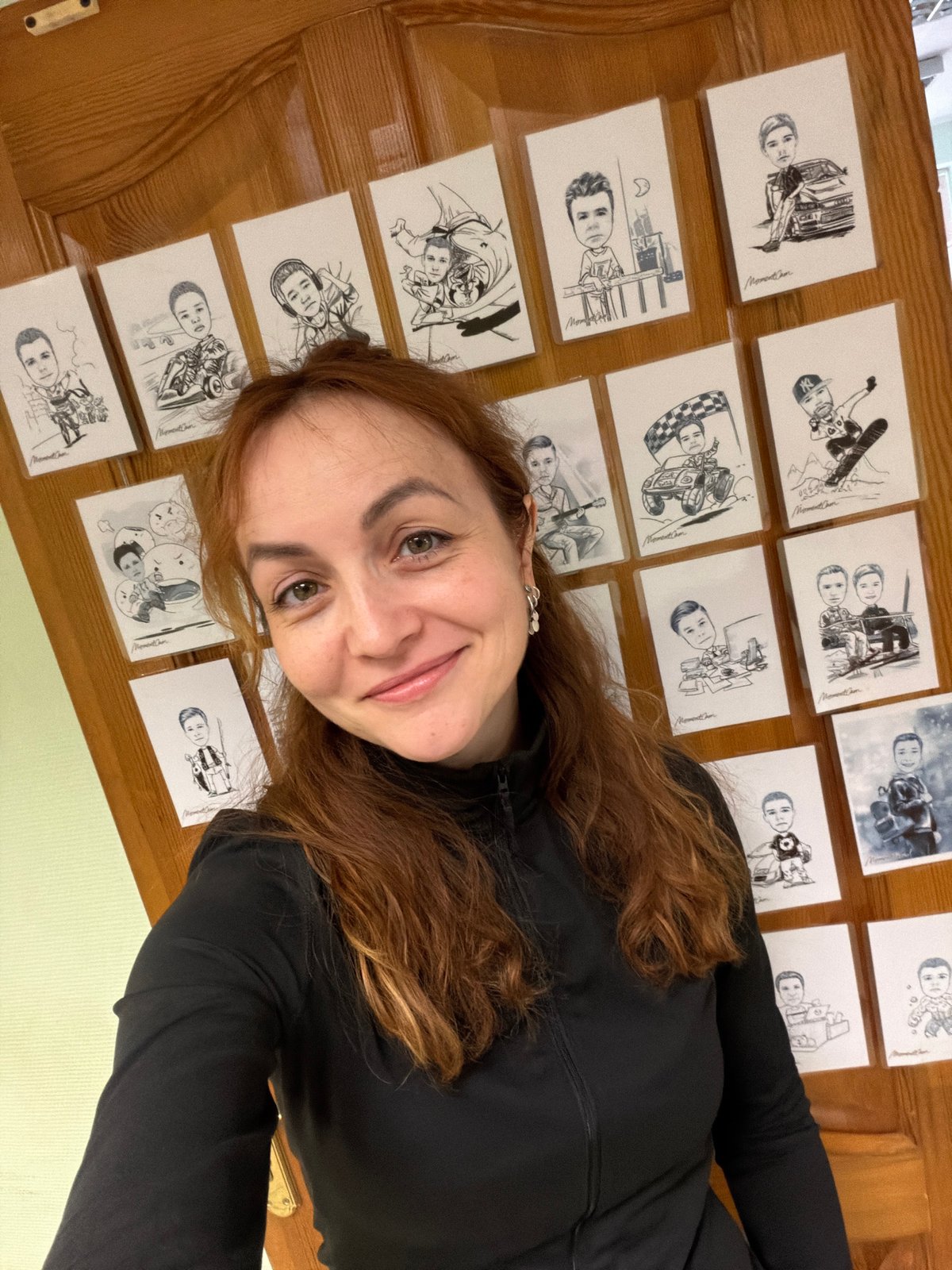 Woman photographed in two different outfits in Chaikovsky office