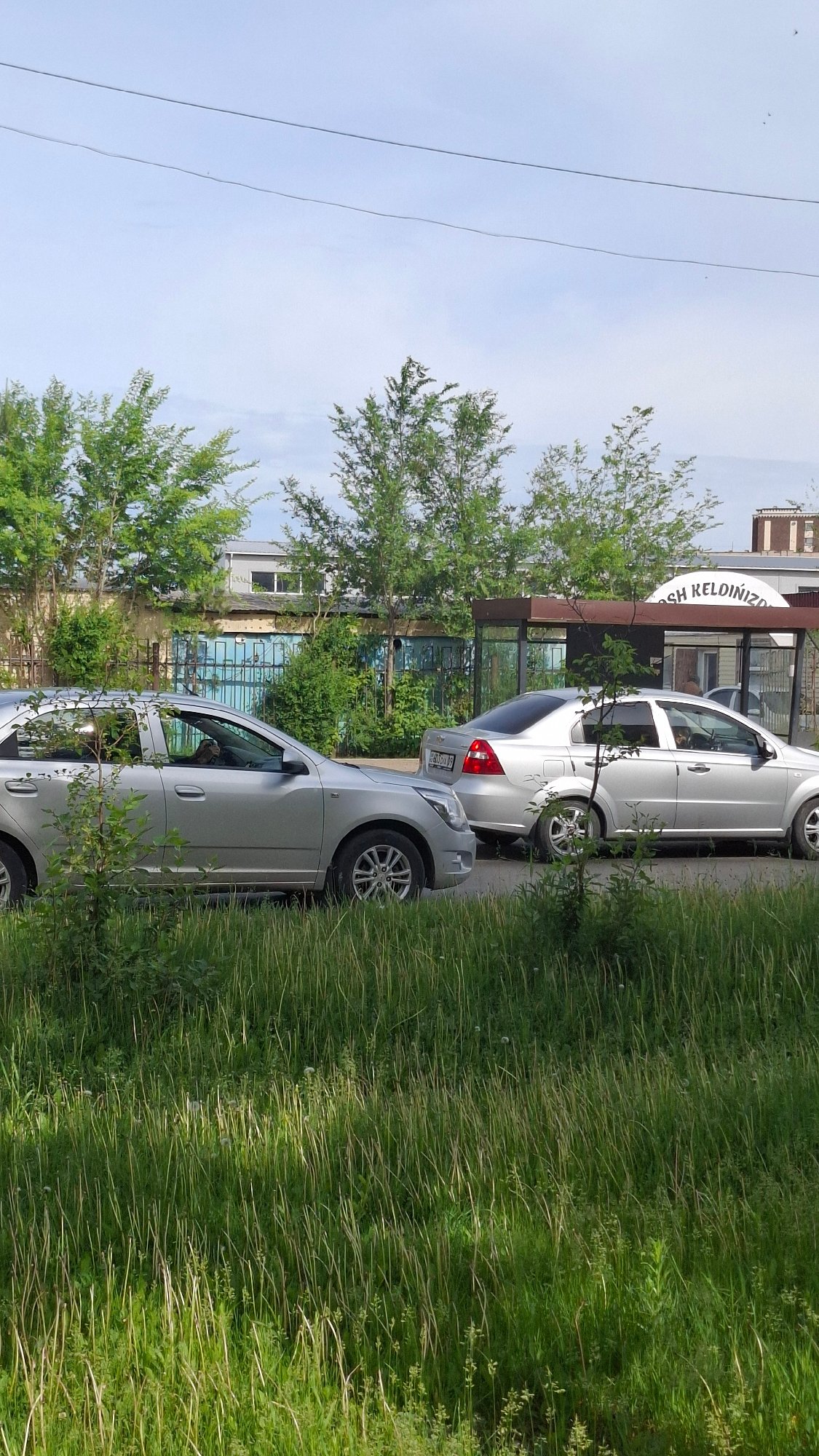 Two silver cars parked on overgrown street in Kokshetau