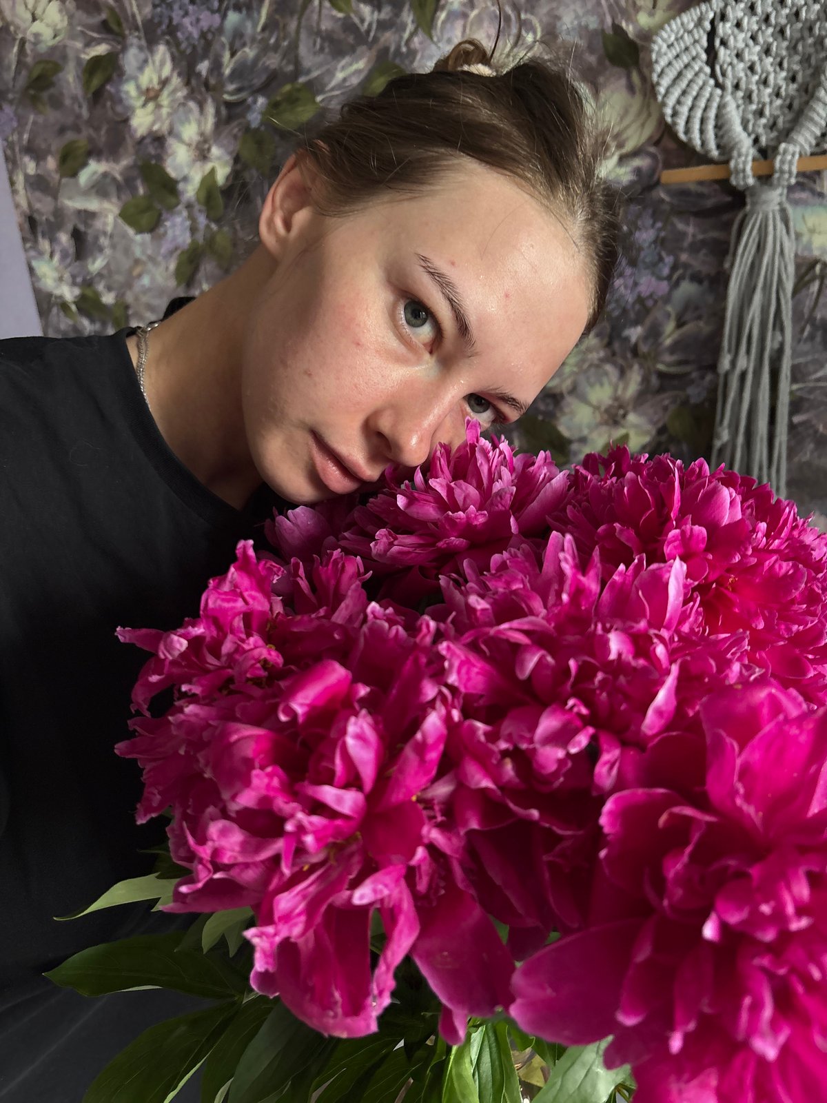 Pink peony bouquet selfies, multiple angles, Perm