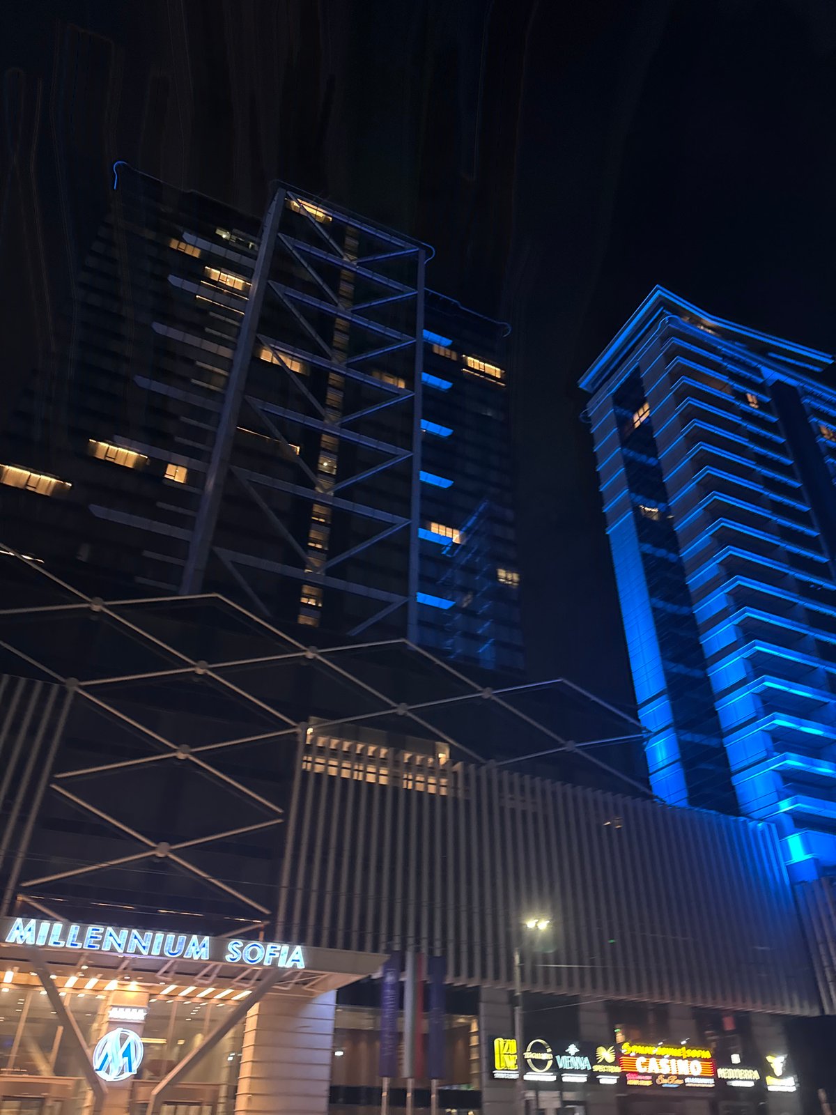 Night out around Millennium Sofia's lit-up complex