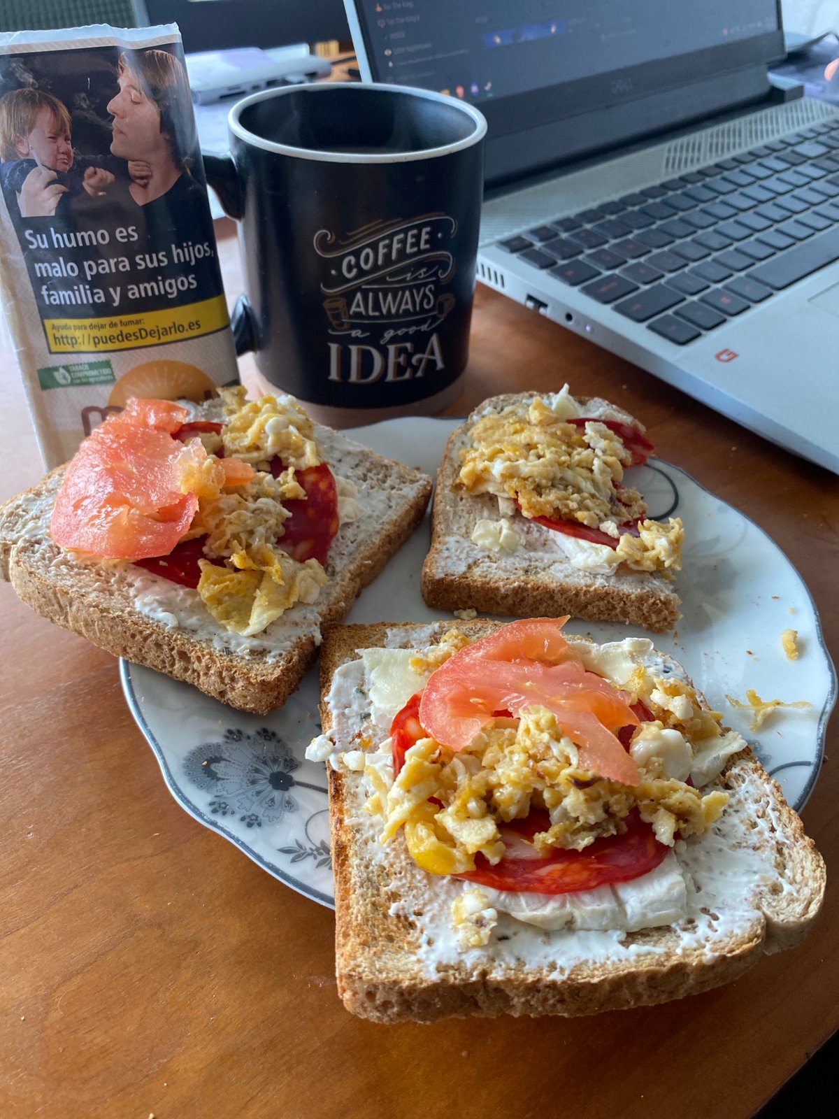 Breakfast documentation with guilty pleasures hashtag in Gijón