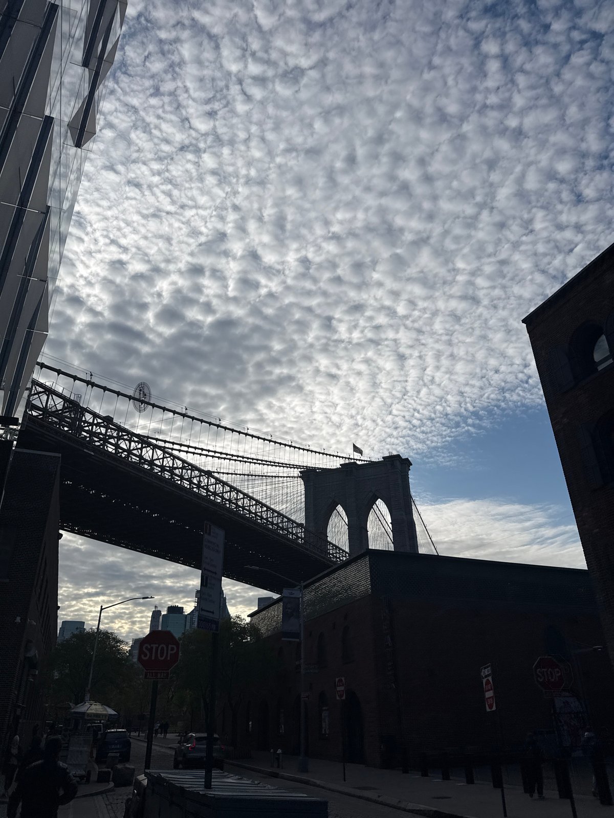 Brooklyn Bridge photographed against dramatic evening sky from street