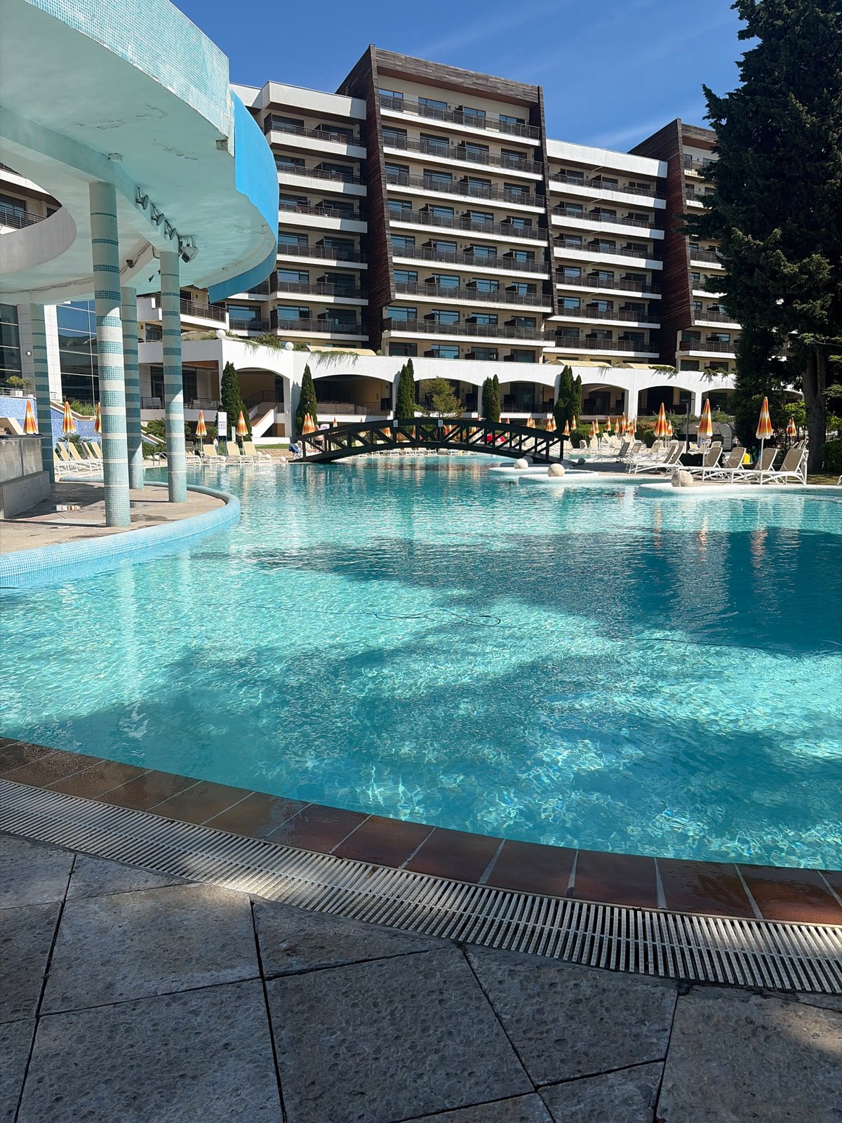 Resort pool scene captured in Obrochishte, Bulgaria morning