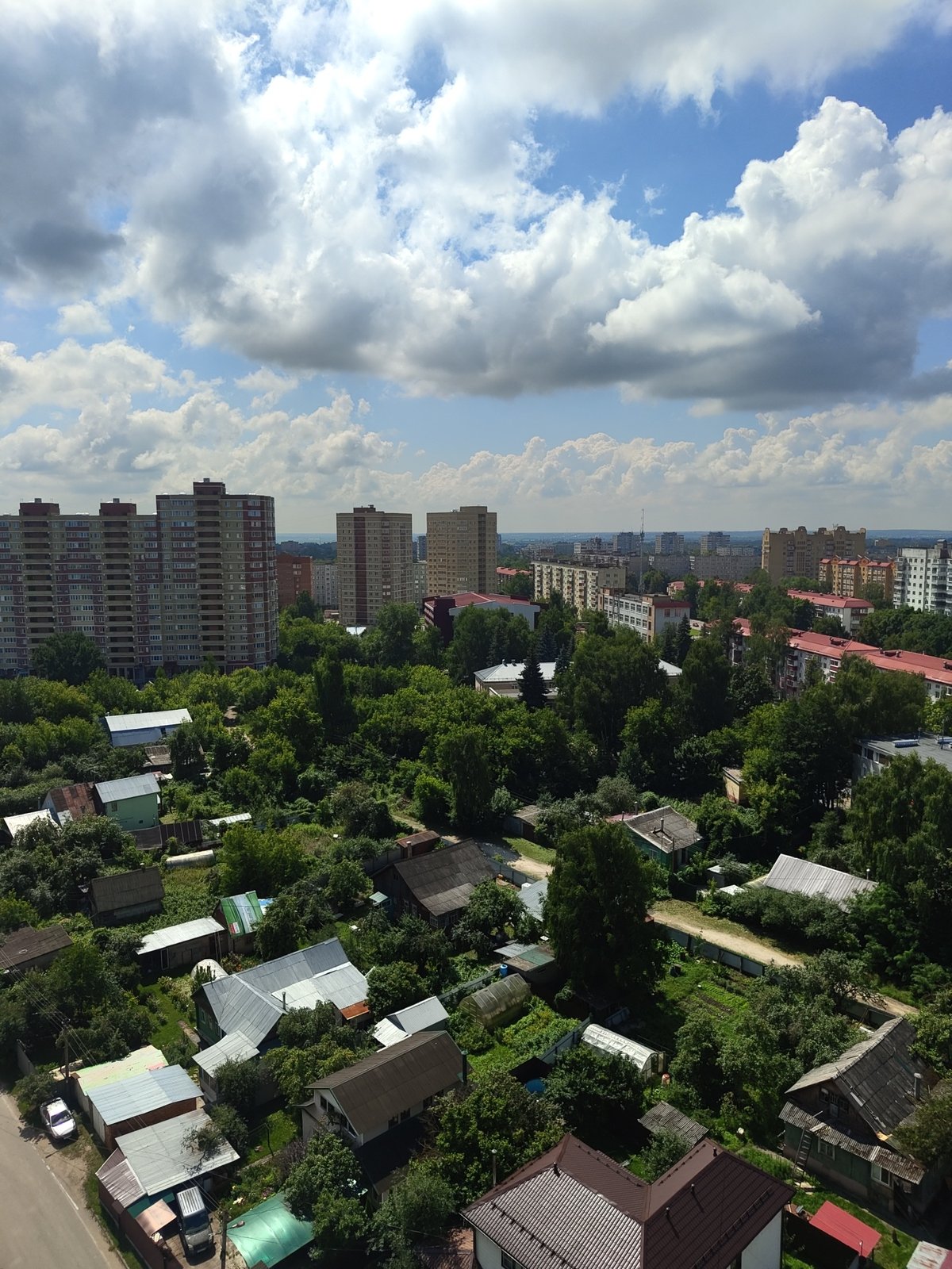 Aerial survey of Ramenskoye's urban landscape on a summer morning