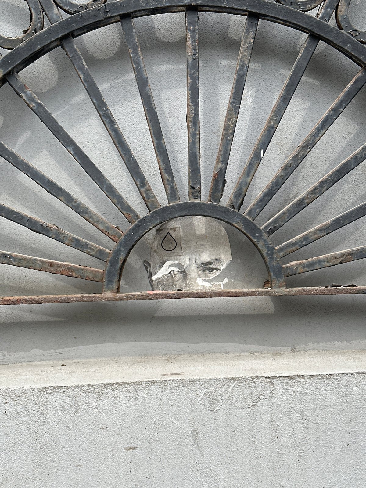 Face observed through decorative metal grating in Moscow