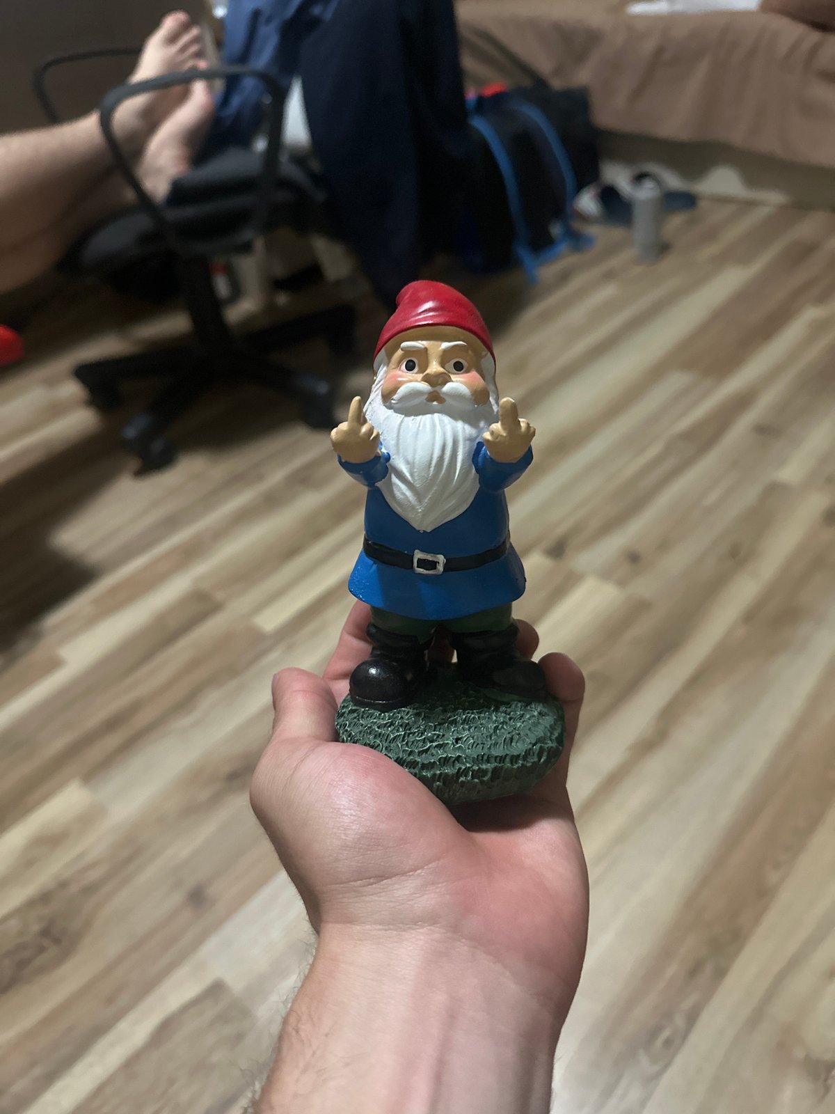 Young men gather with offensive garden gnomes in Bulgaria
