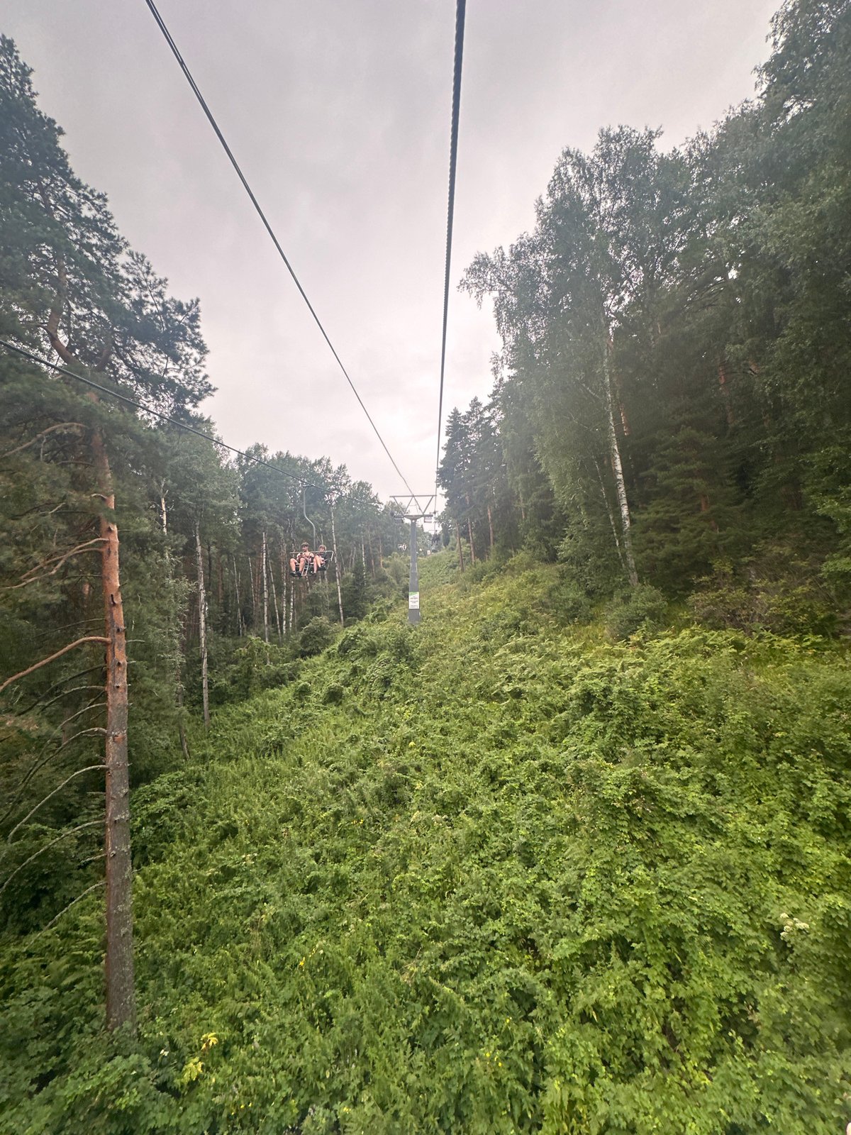 Summer ski lift ride through forested hills in Belokurikha
