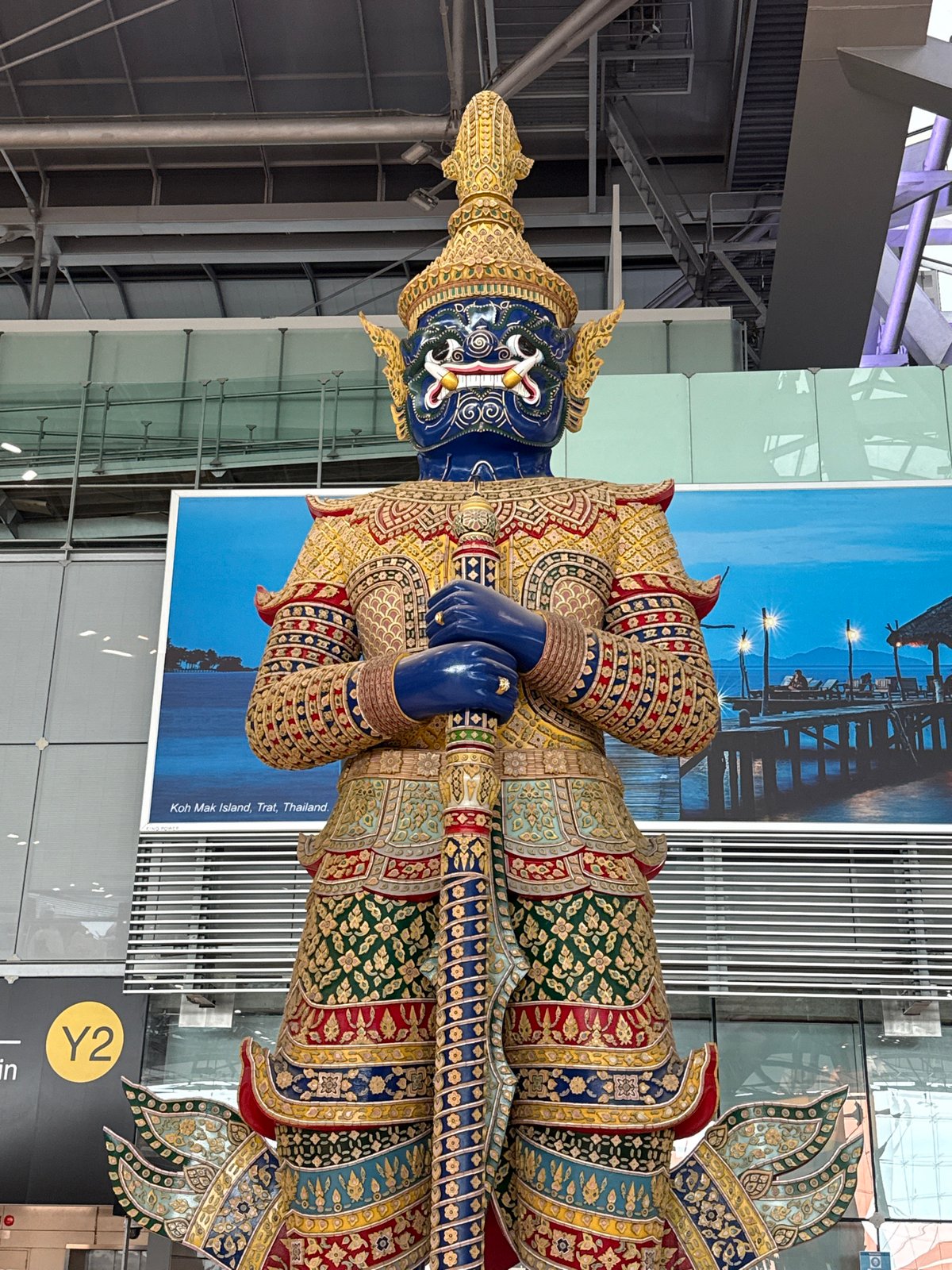 Colorful mythological statues observed at Thailand's Suvarnabhumi Airport