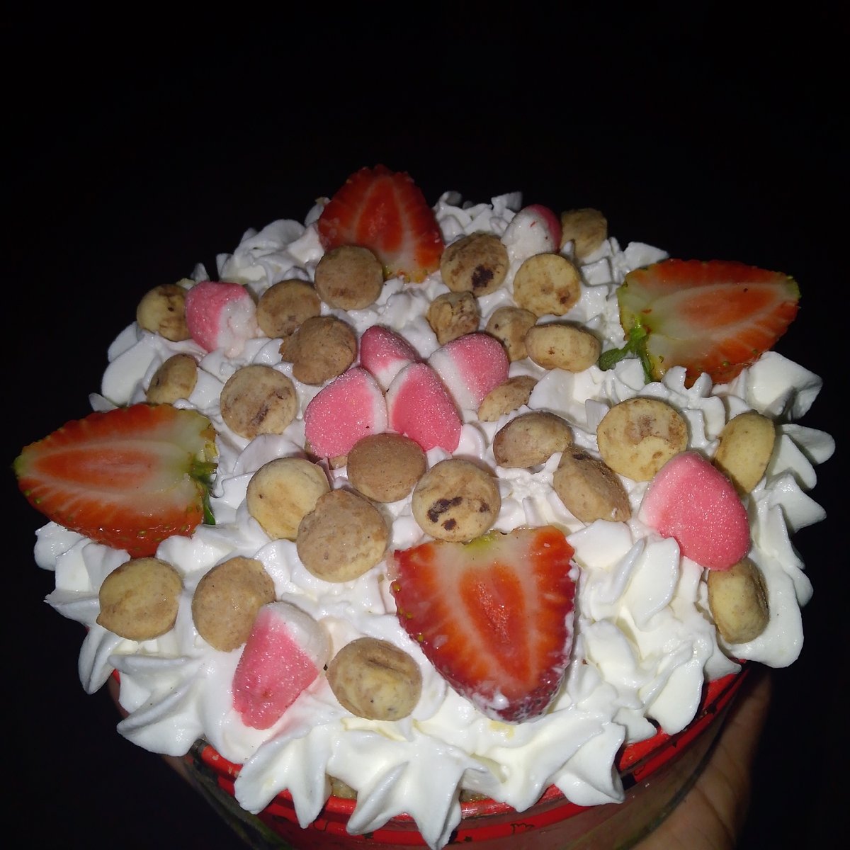 Star-piped whipped dessert captured in overhead photograph