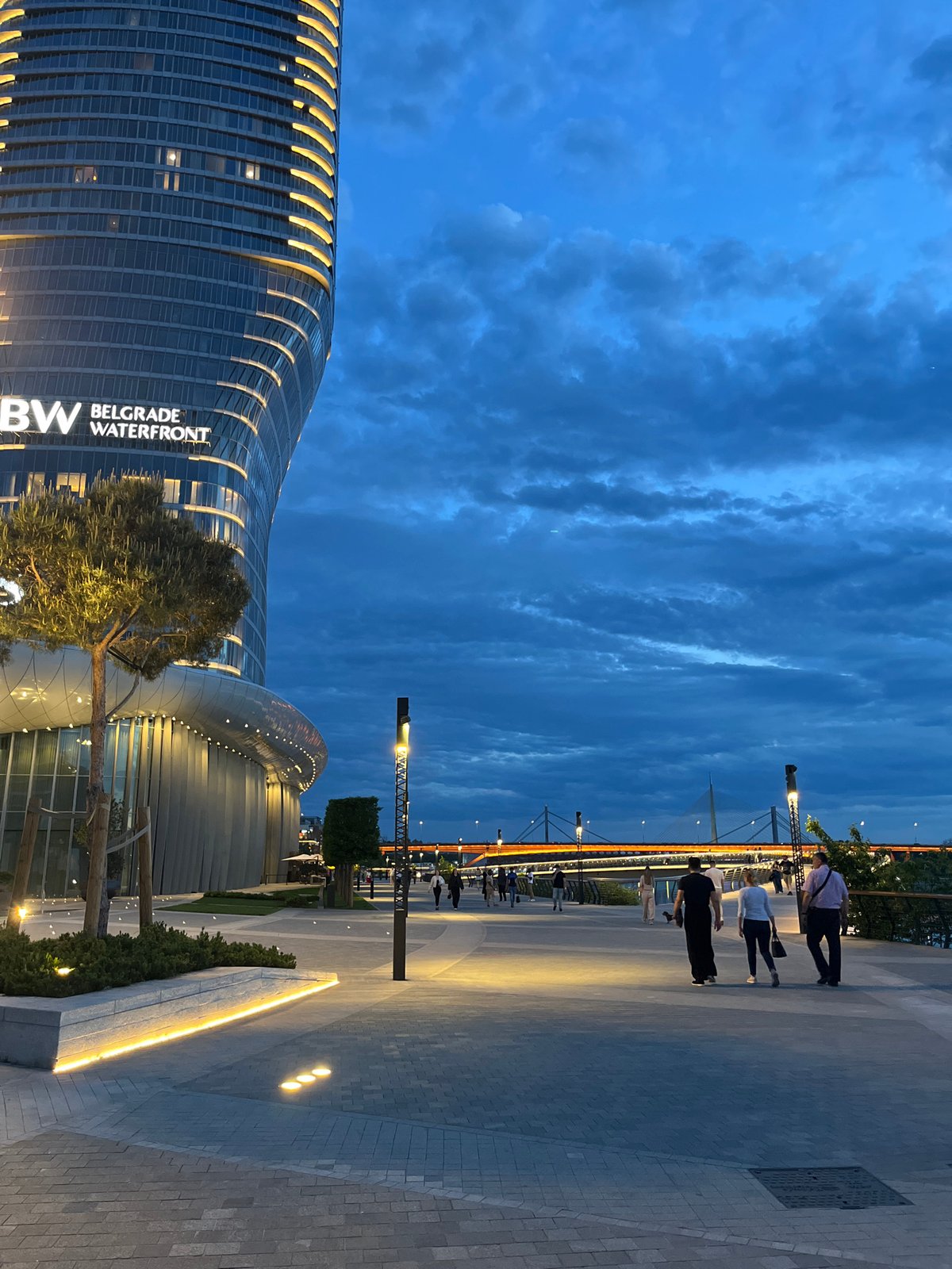 Evening documentation of Belgrade's modern waterfront architecture