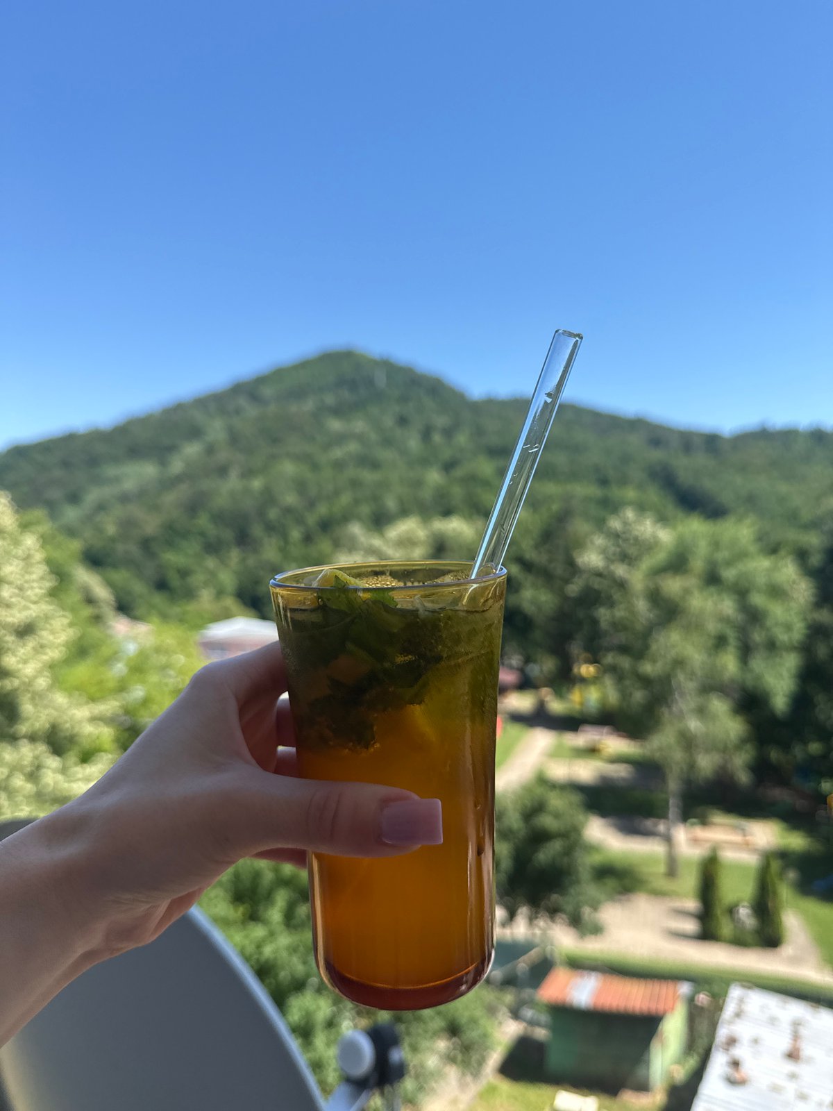 Tall amber drink with mint and ice, straw in hand