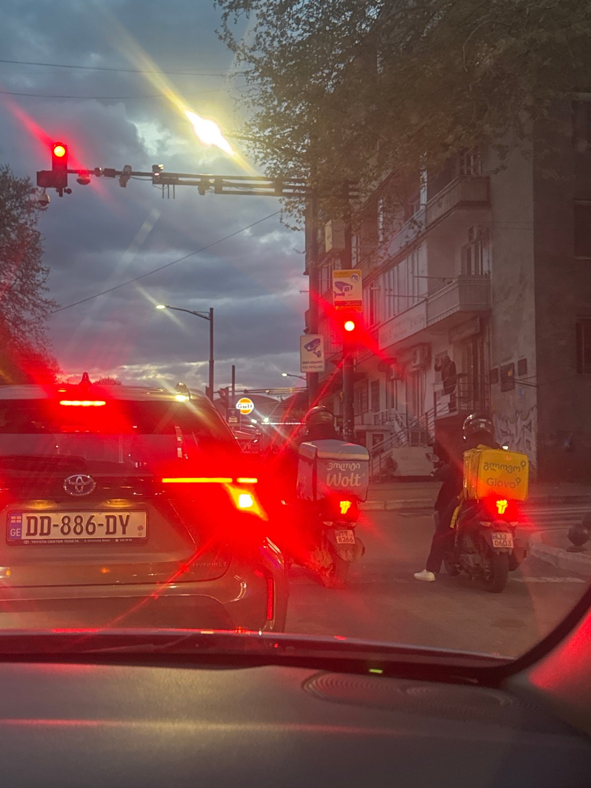Cars wait at red light in Tbilisi intersection