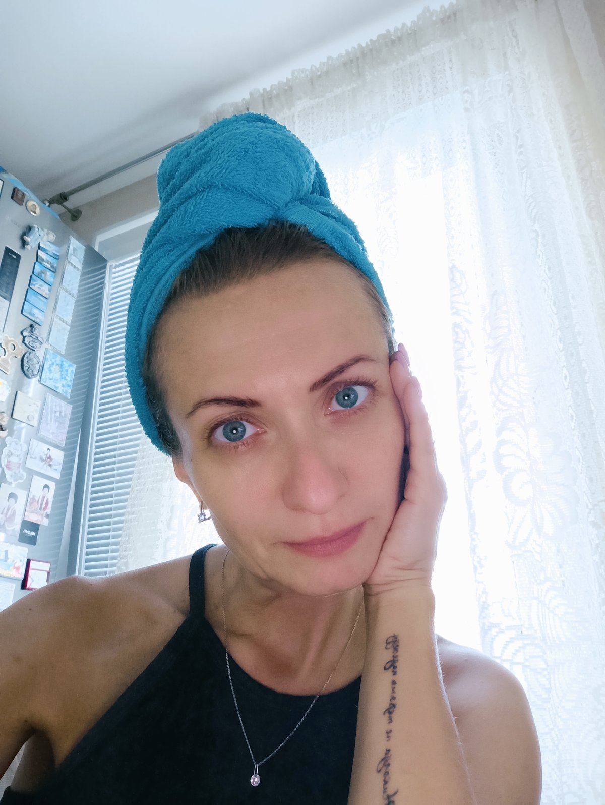Post-wash selfie series with towel turban, Moscow