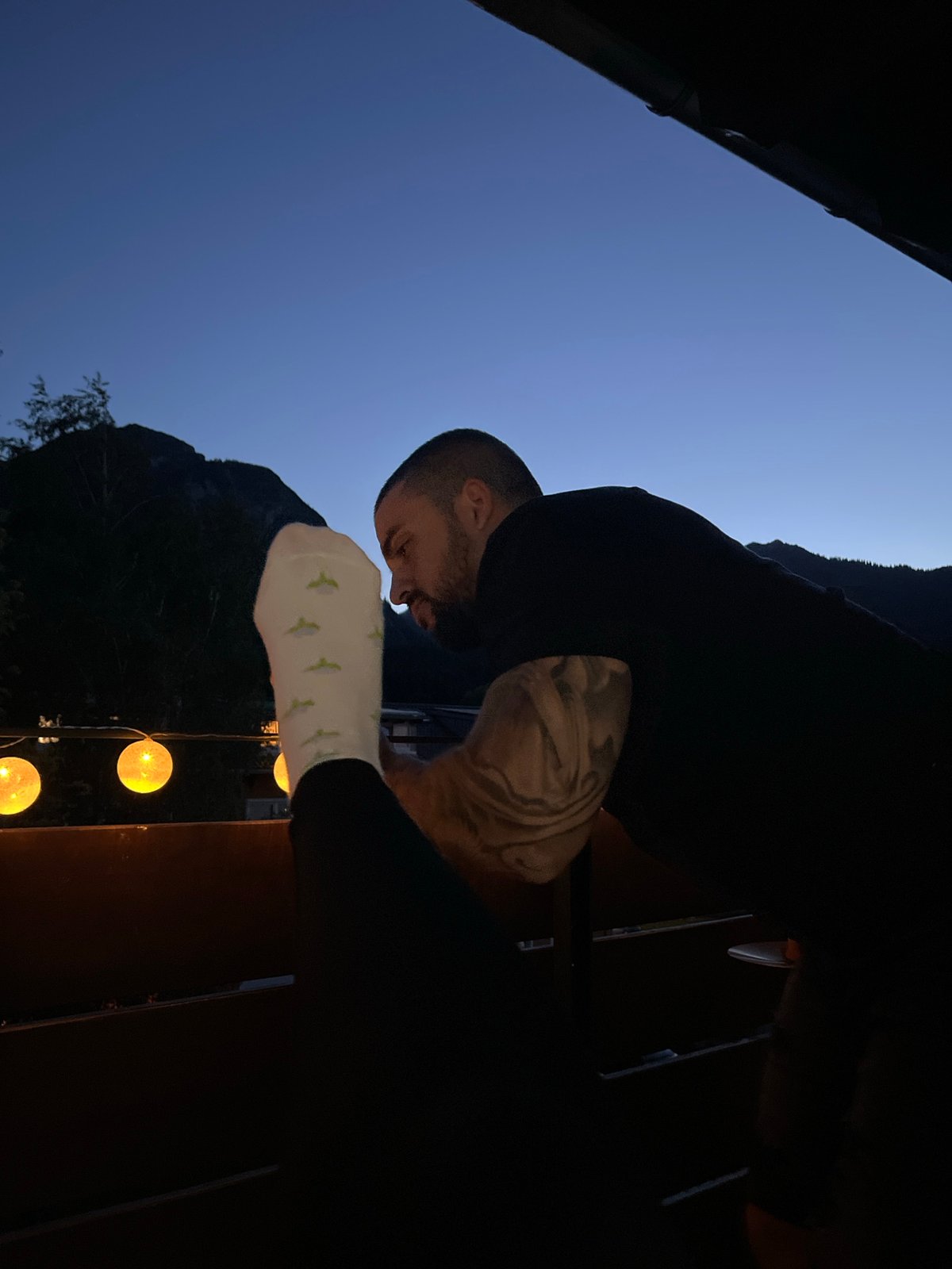Balcony night in Garmisch-Partenkirchen, Alps at dusk