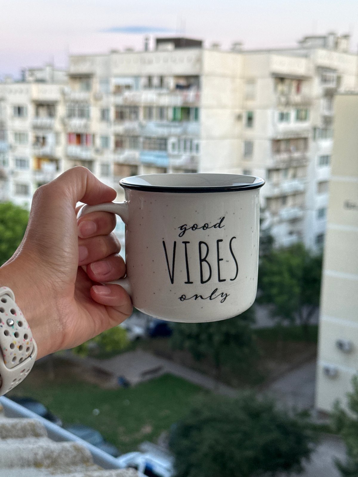 Casual table moment with a good vibes mug in Pleven