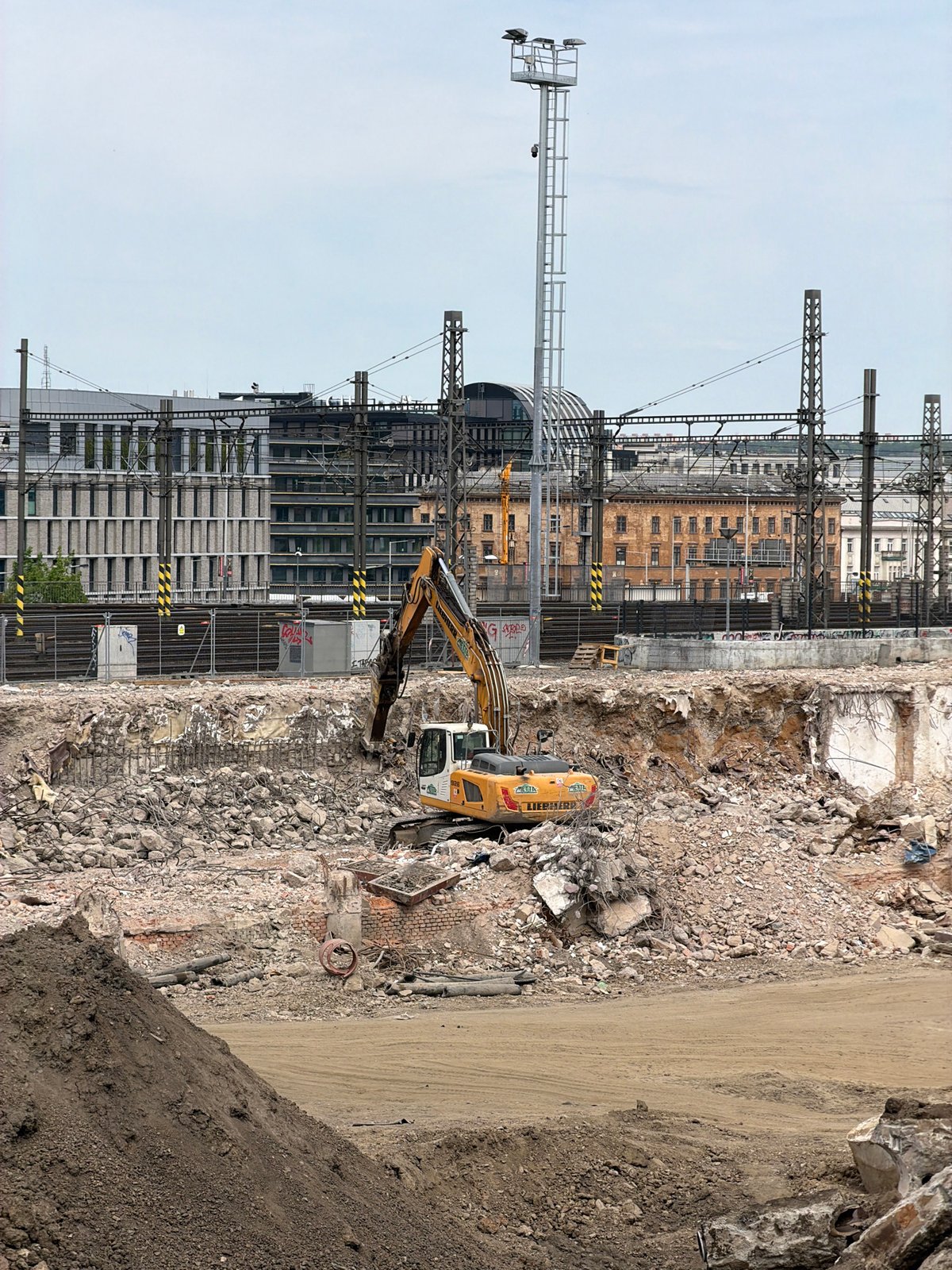 Morning construction work documented in Prague alongside casual indoor moments
