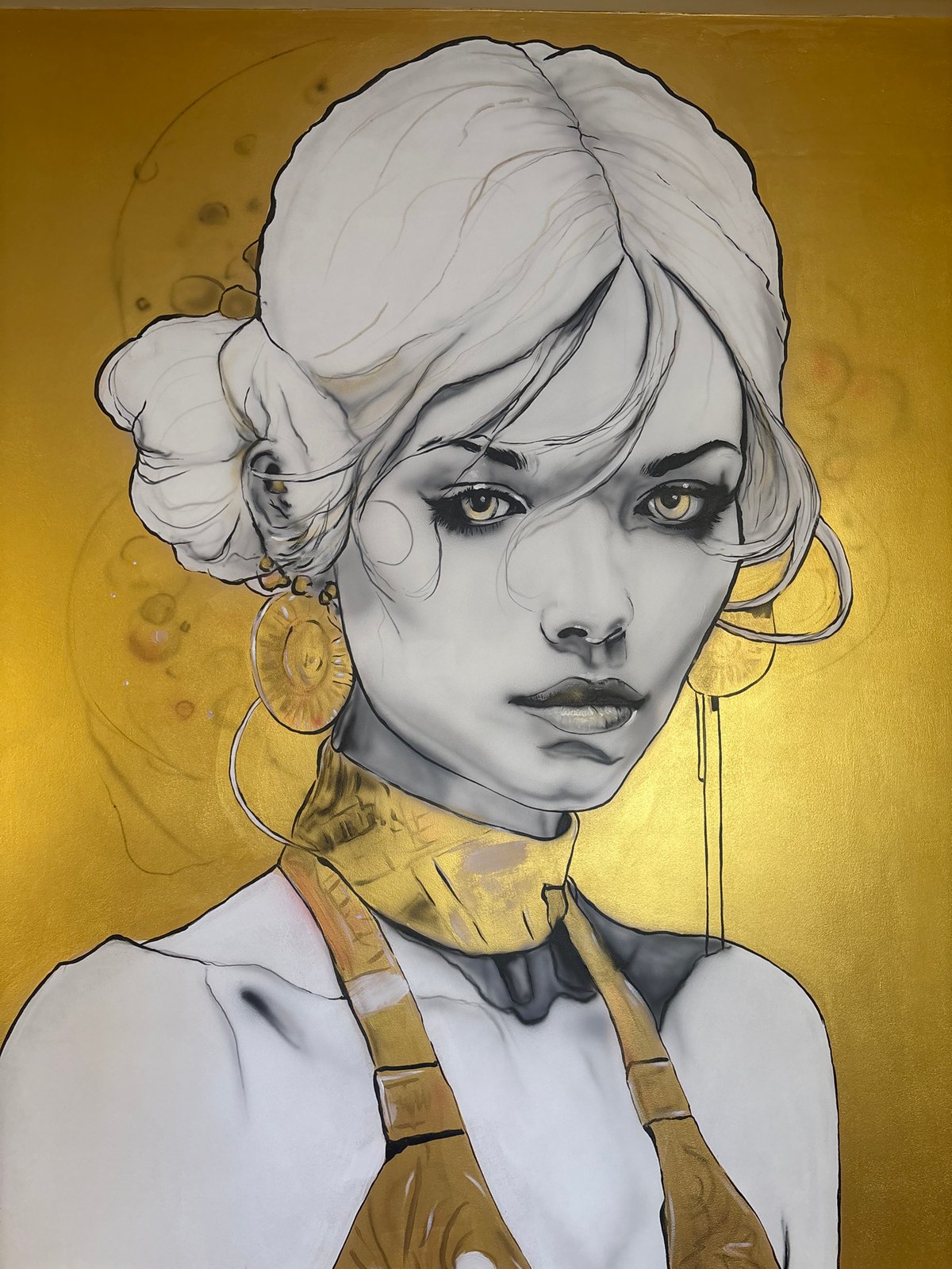 Portrait painting with grayscale woman on gold background observed Sofia