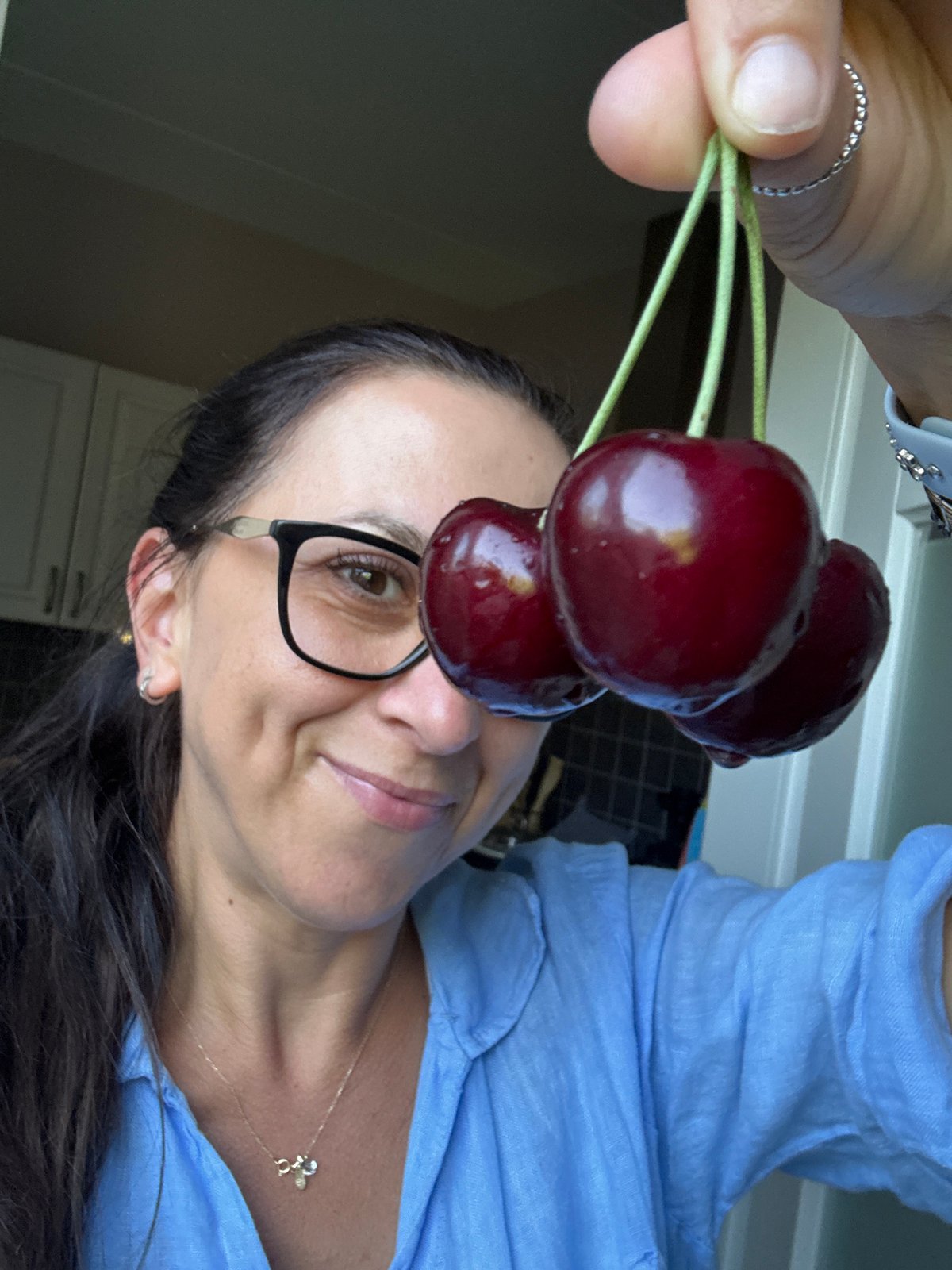 Holding fresh dark red cherries in Marum, Netherlands