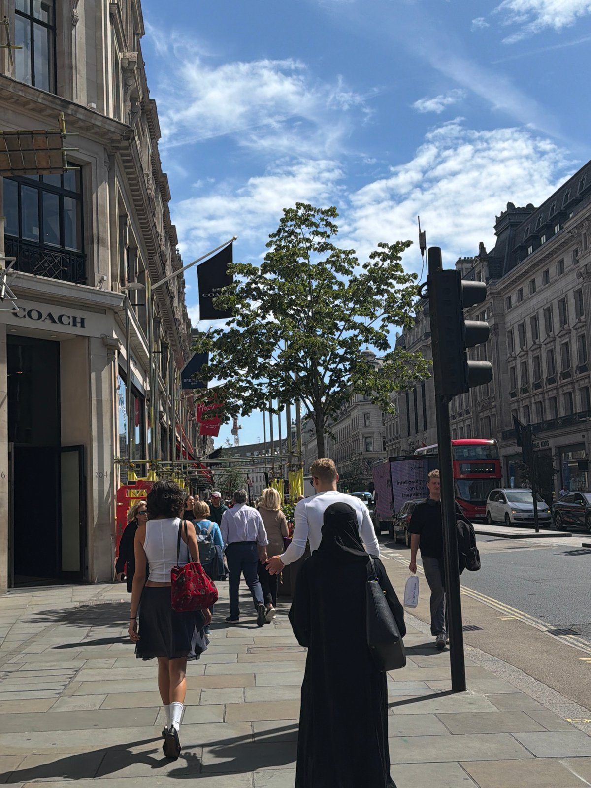 Dense crowd gathers on sunny London street amid construction