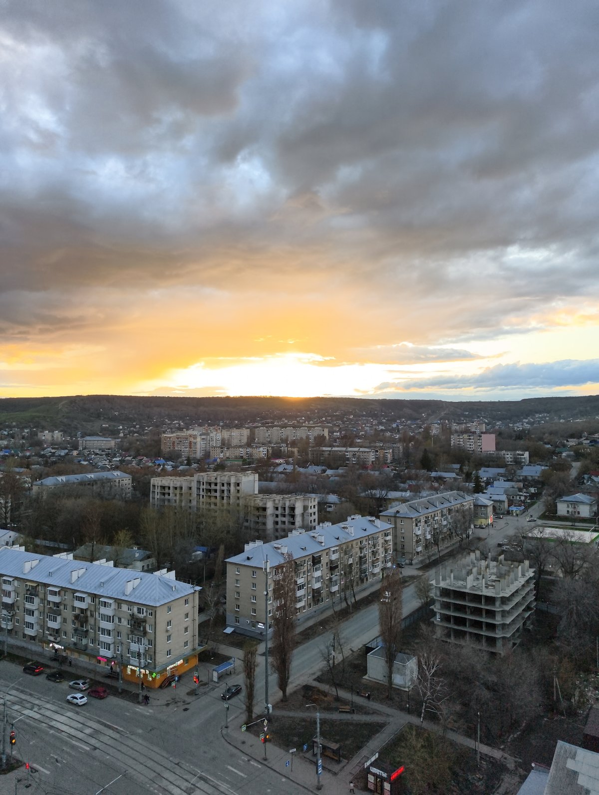 Sunset captured over Soviet apartment blocks in Saratov, Russia