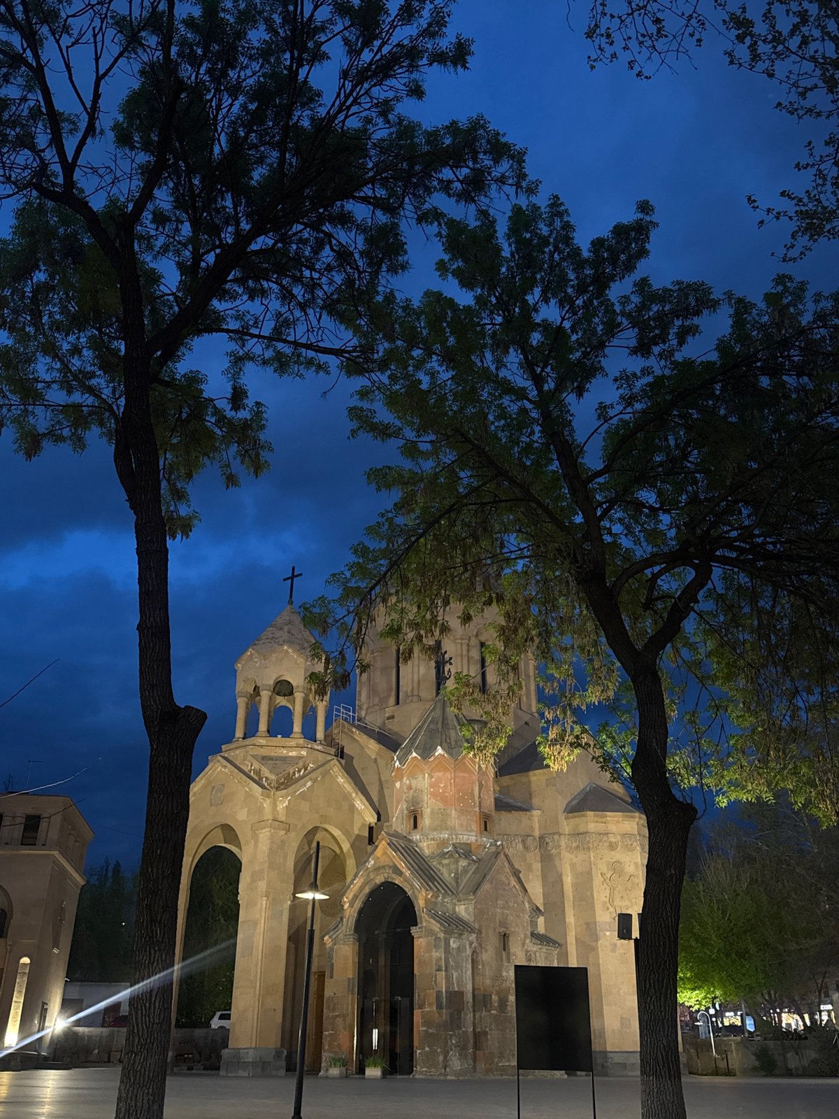 Evening photography documents historic churches in Yerevan, Armenia