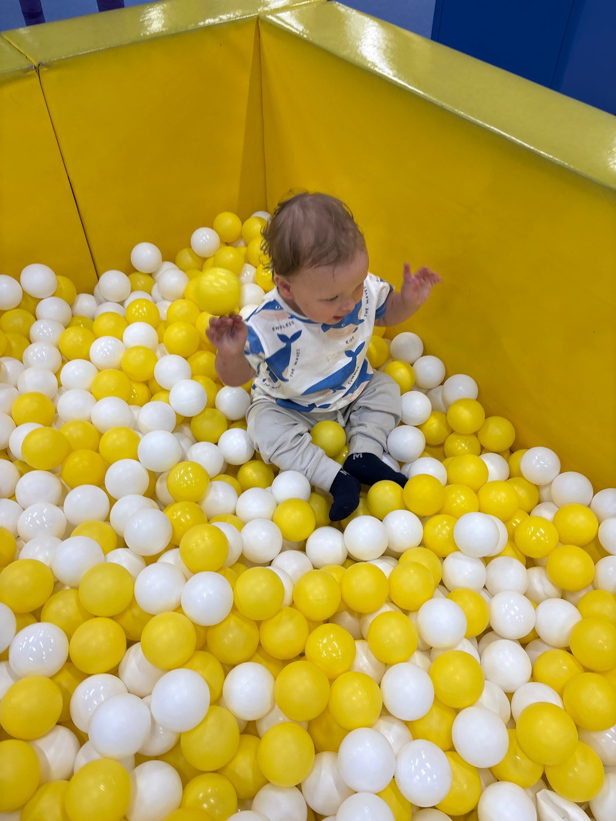 Child plays in colorful ball pit in Izhevsk