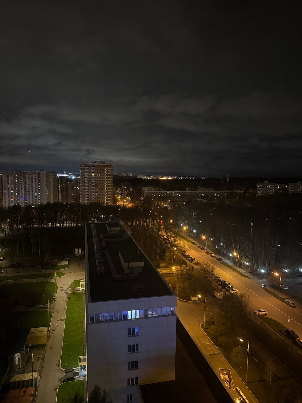 Nighttime urban landscape photographed from elevated view in Khimki