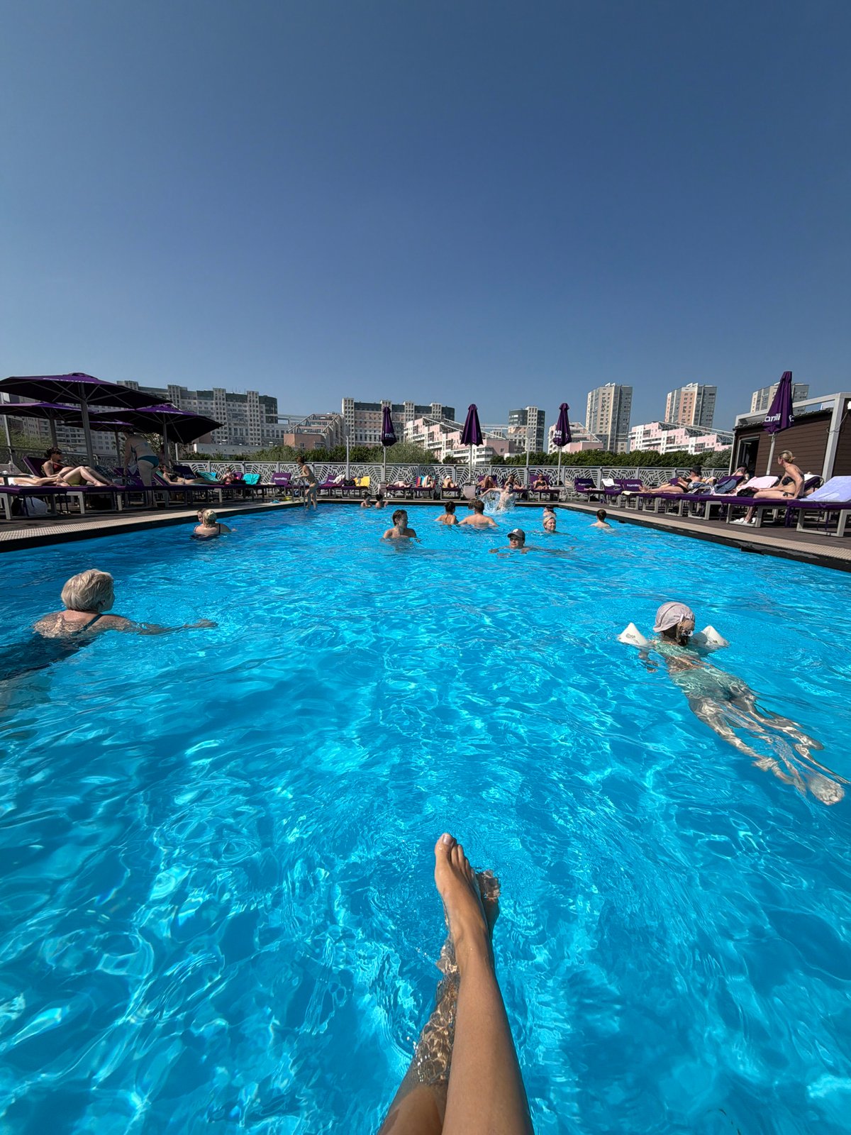 Summer pool day in Khimki, with a pine forest nearby