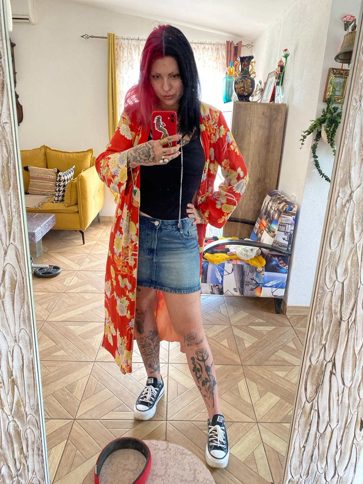 Woman takes selfies in floral kimono in Montenegro