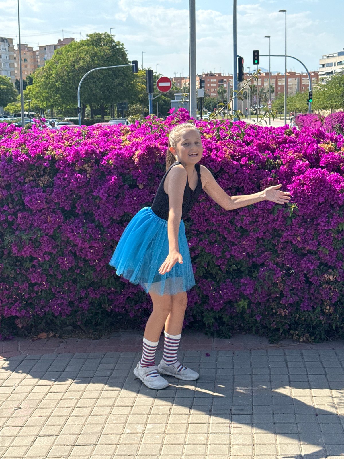 Girl in blue tutu photographed near purple flowers, urban setting