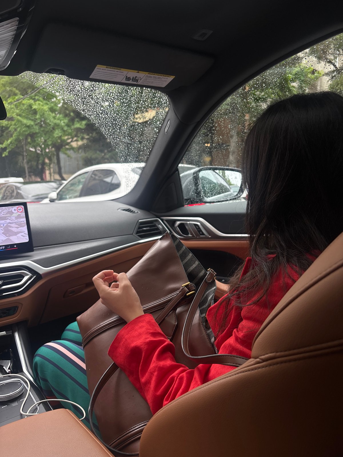 Woman in red observed near vehicle during rainy day in Yerevan